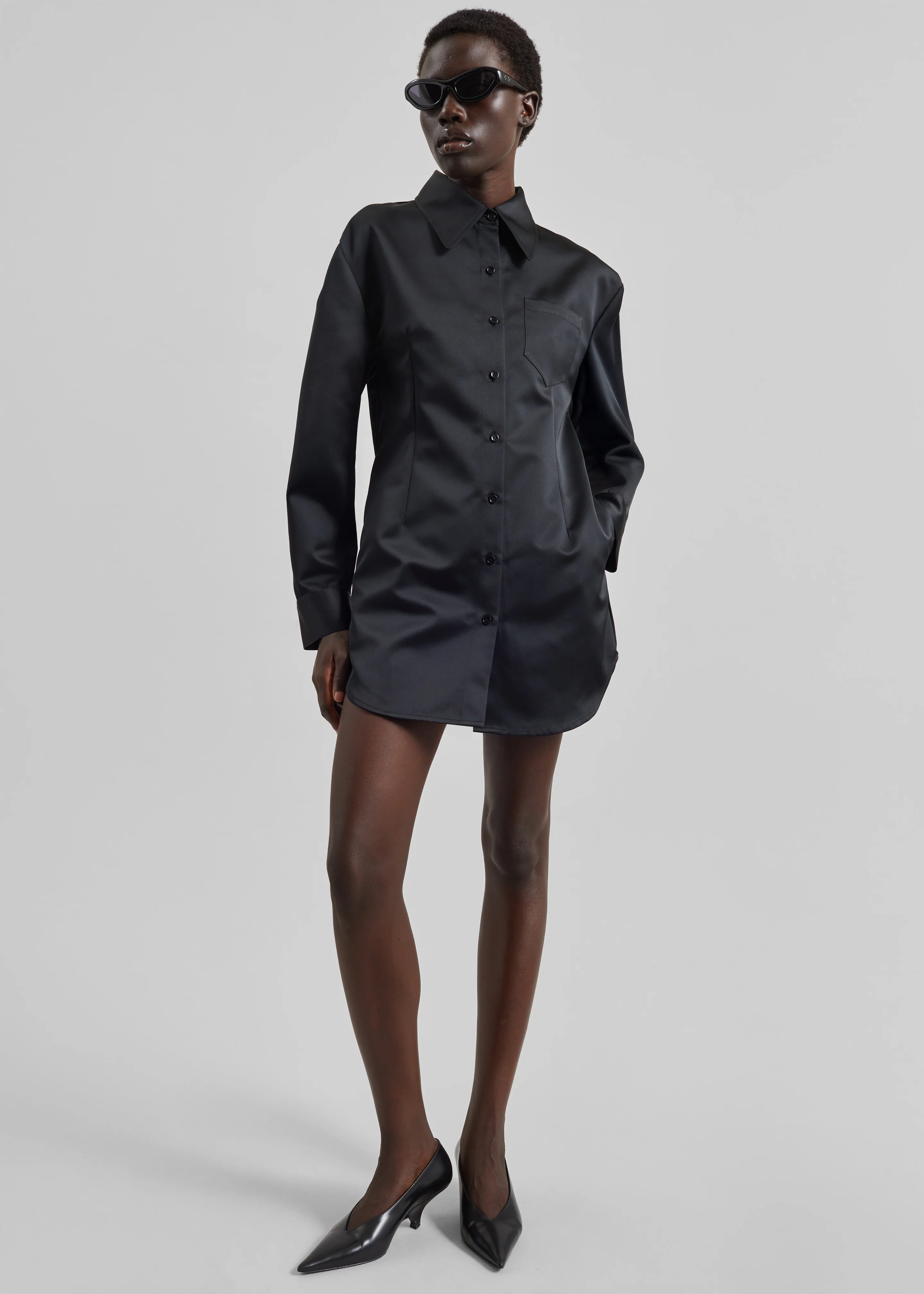 Akita Satin Cinched Shirt Dress - Black - Image 3