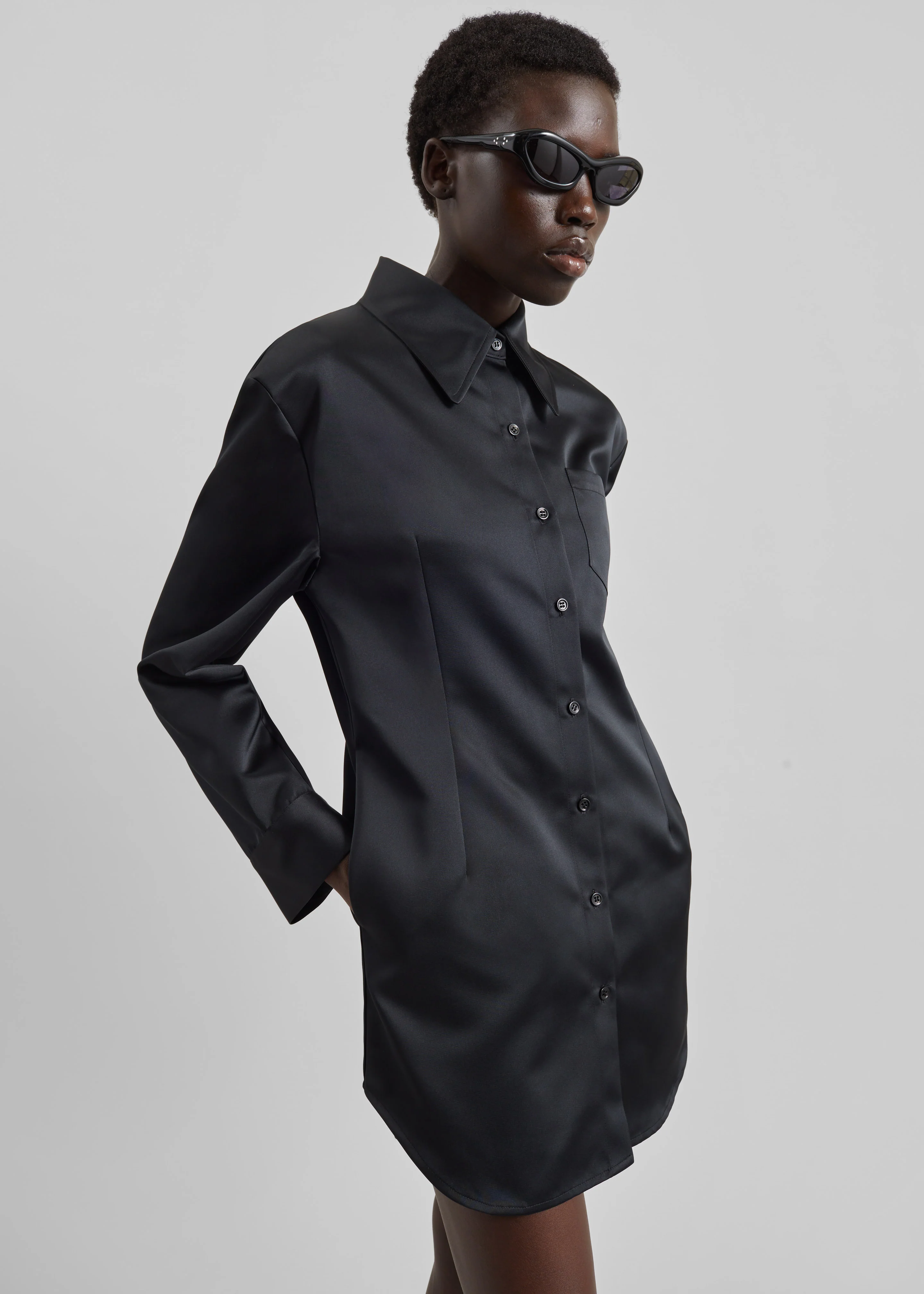 Akita Satin Cinched Shirt Dress - Black - Image 4