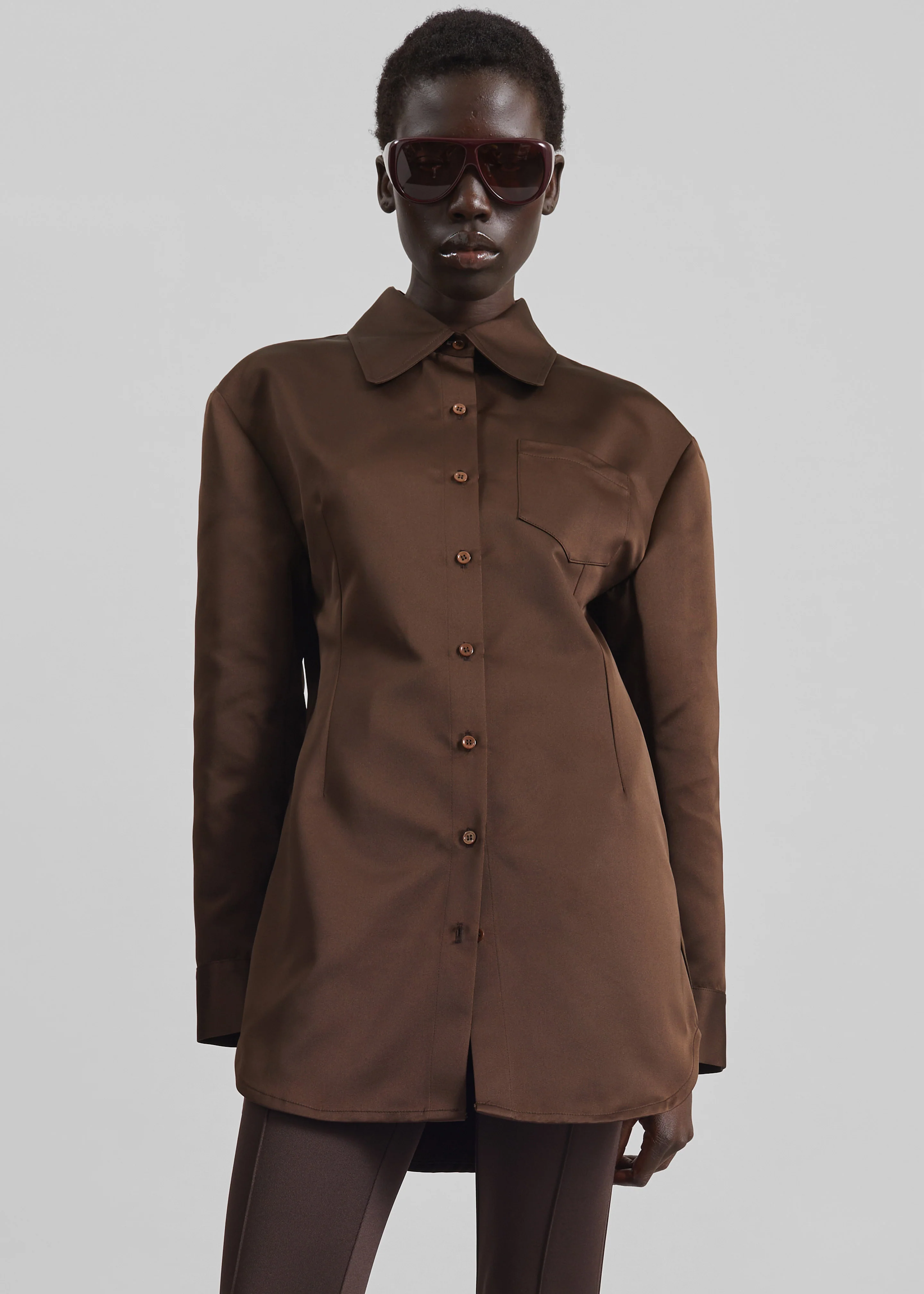 Akita Satin Cinched Shirt Dress - Brown - Image 2