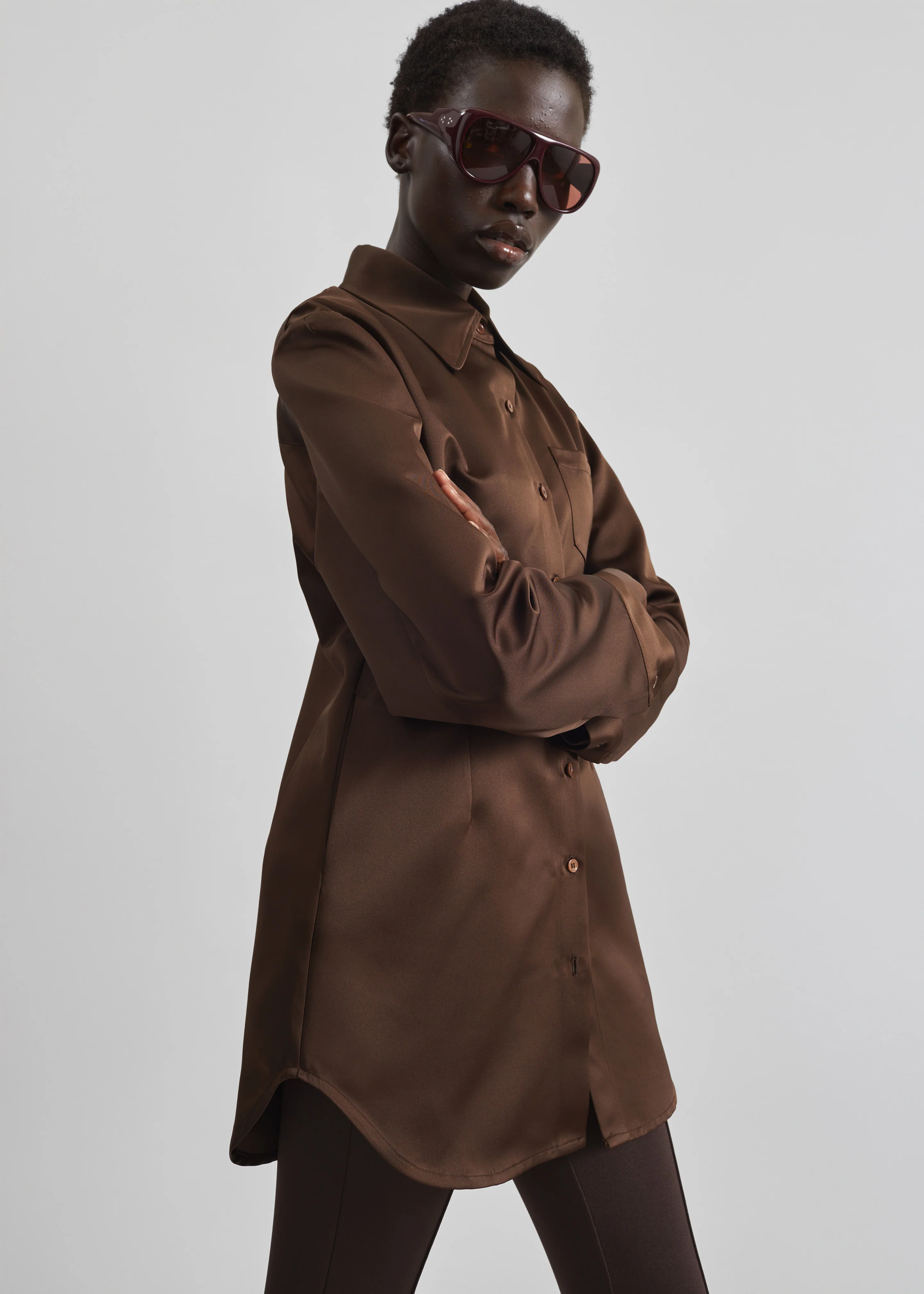 Akita Satin Cinched Shirt Dress - Brown - Image 3