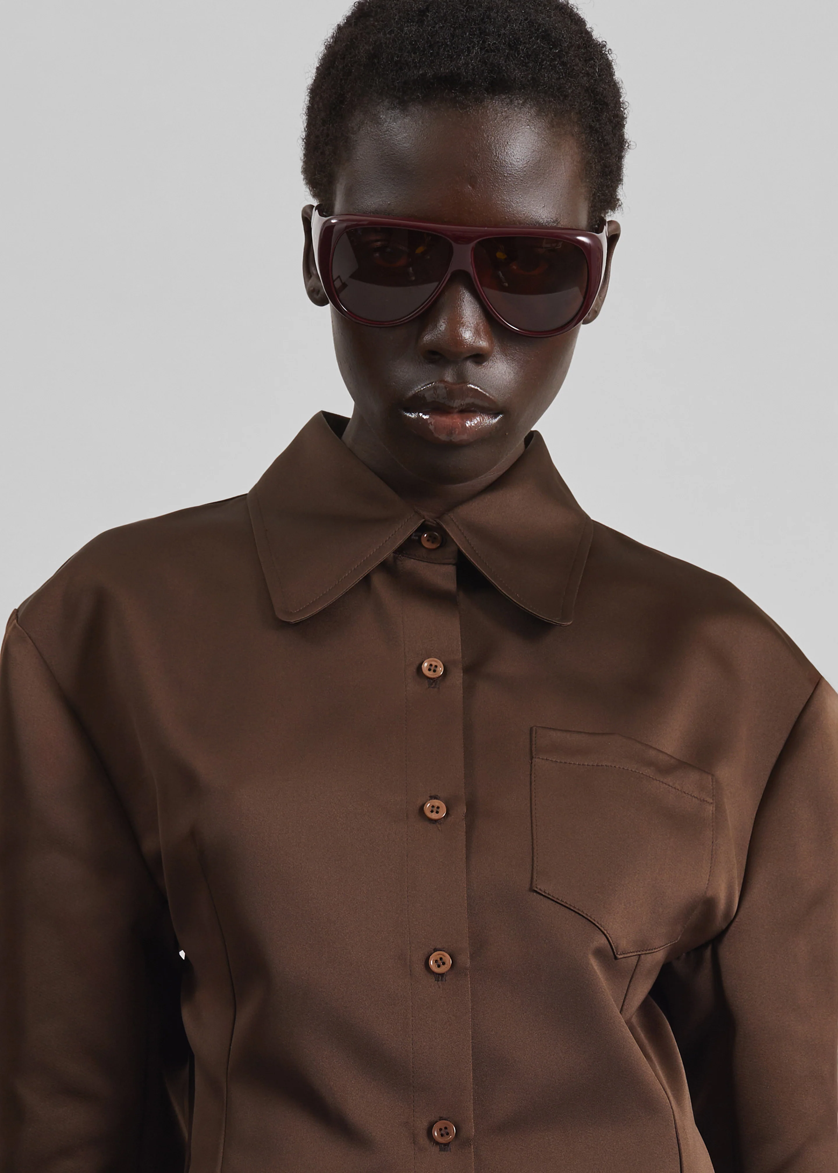 Akita Satin Cinched Shirt Dress - Brown - Image 5