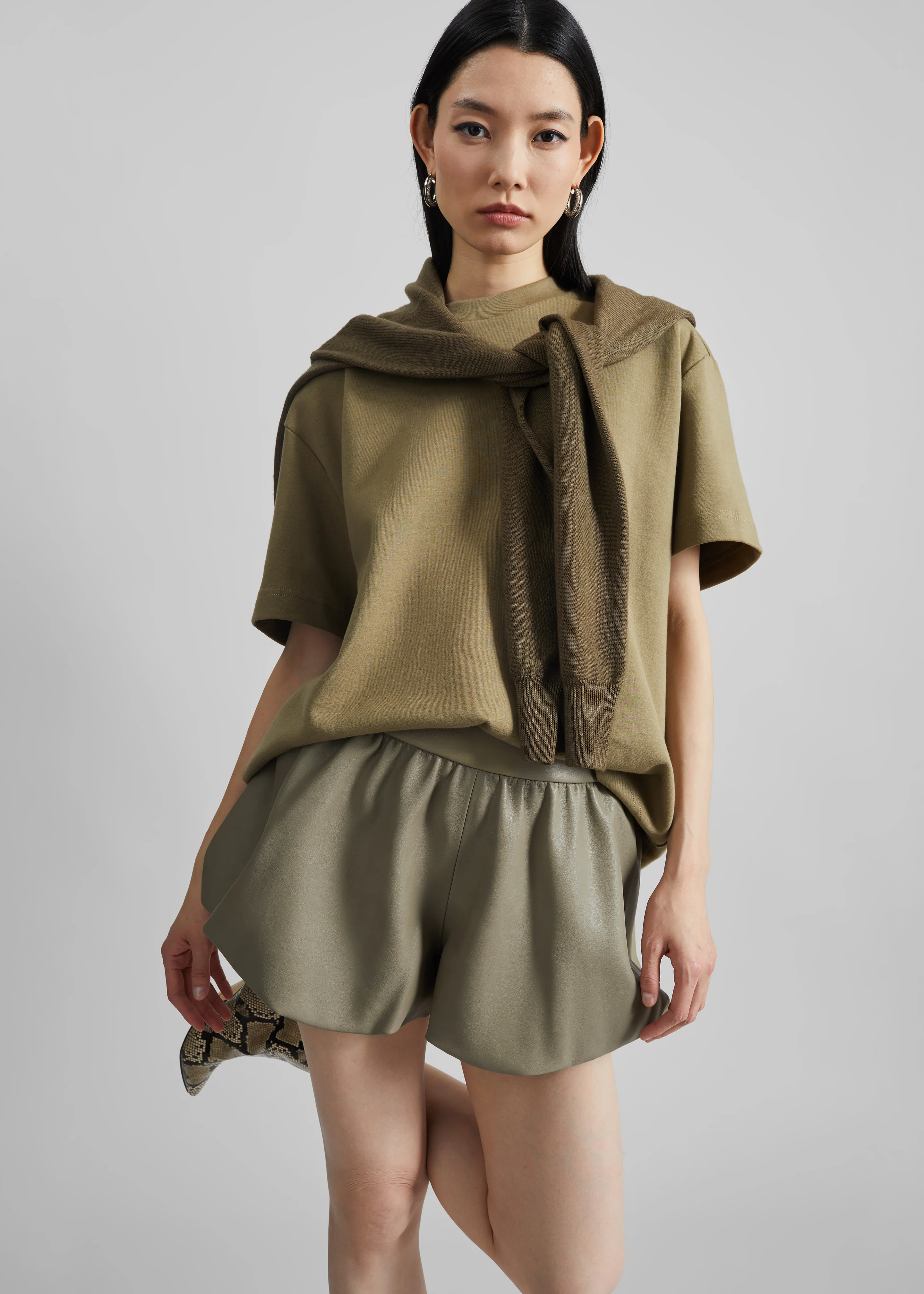 Alina Faux Leather Bubble Hem Shorts - Sage - Image 2