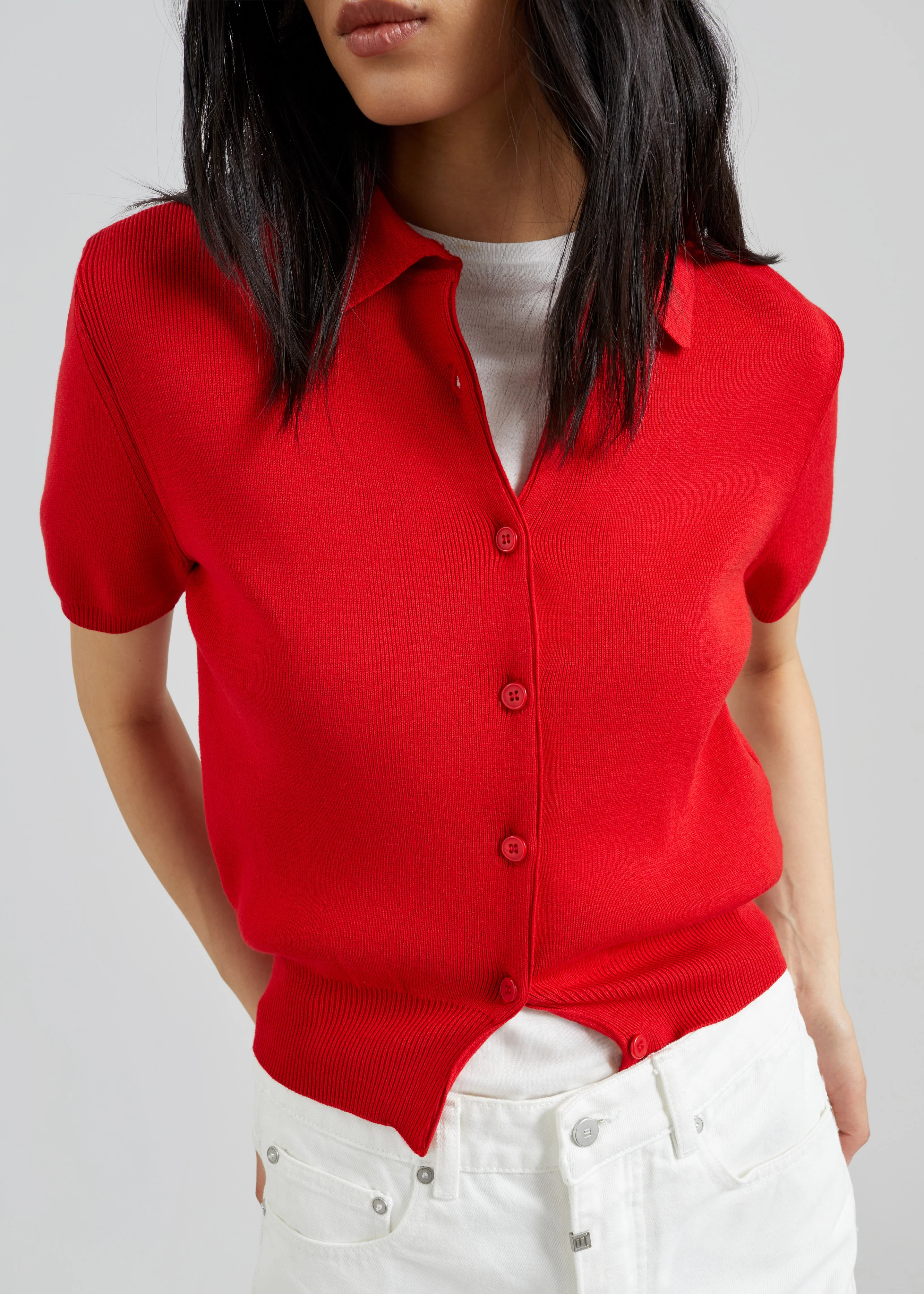 Amelot Knit Short Sleeve Cardigan - Red - Image 3