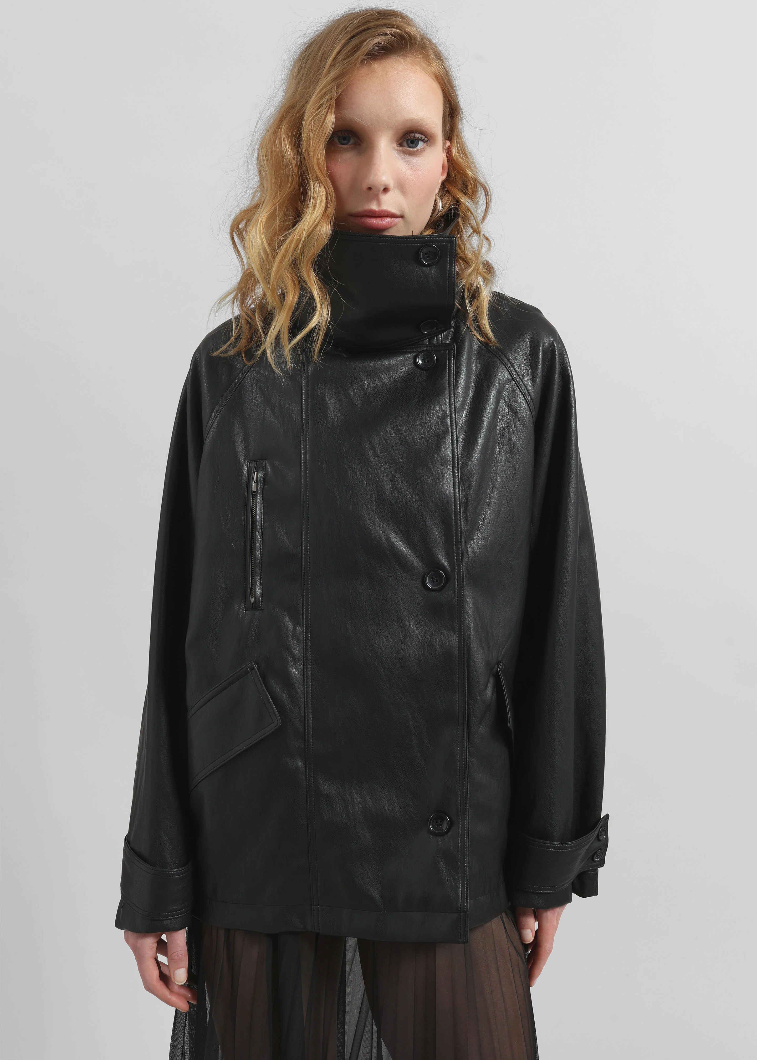 Amunta Faux Leather Trench Jacket - Black - Image 4