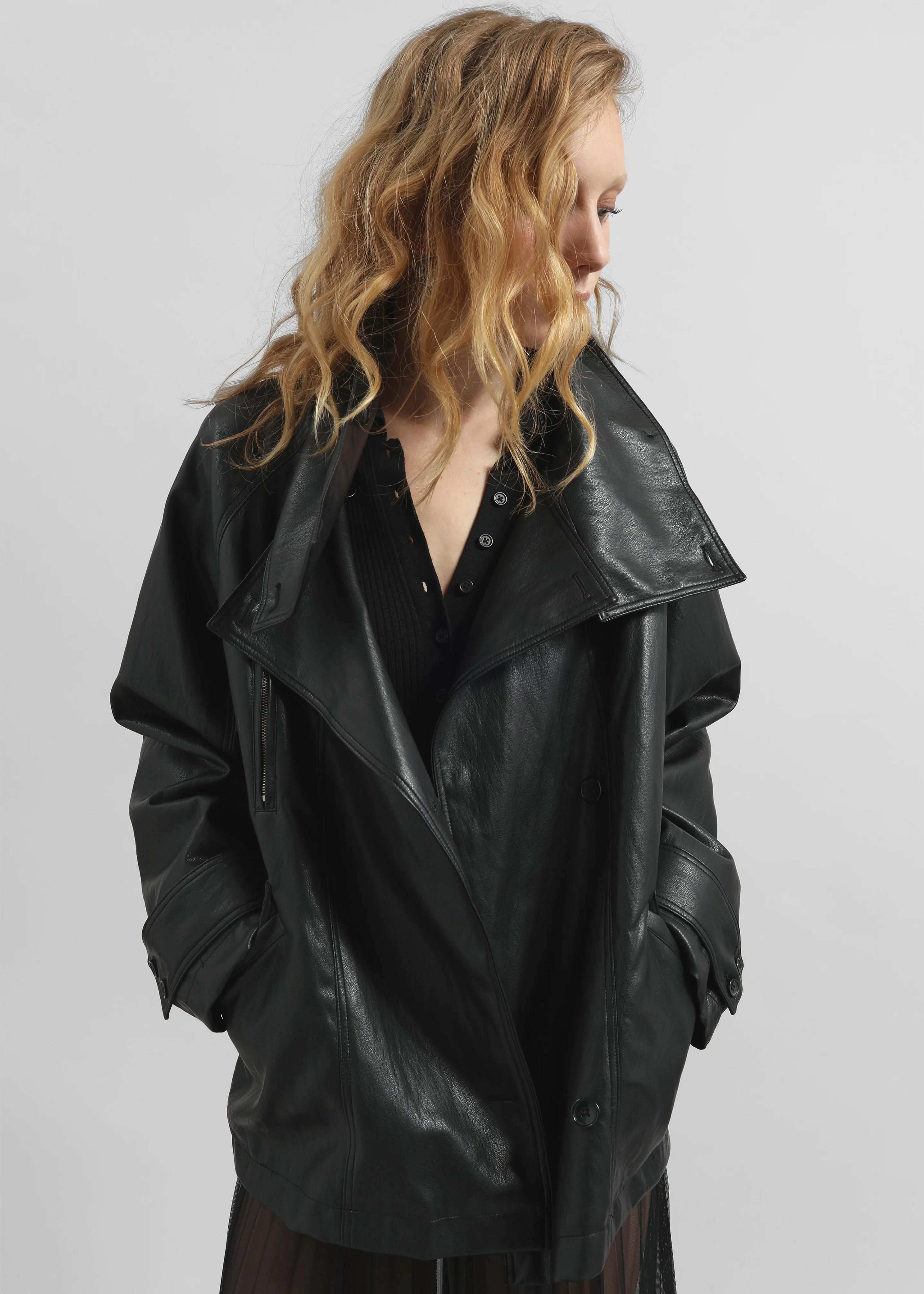 Amunta Faux Leather Trench Jacket - Black - Image 5