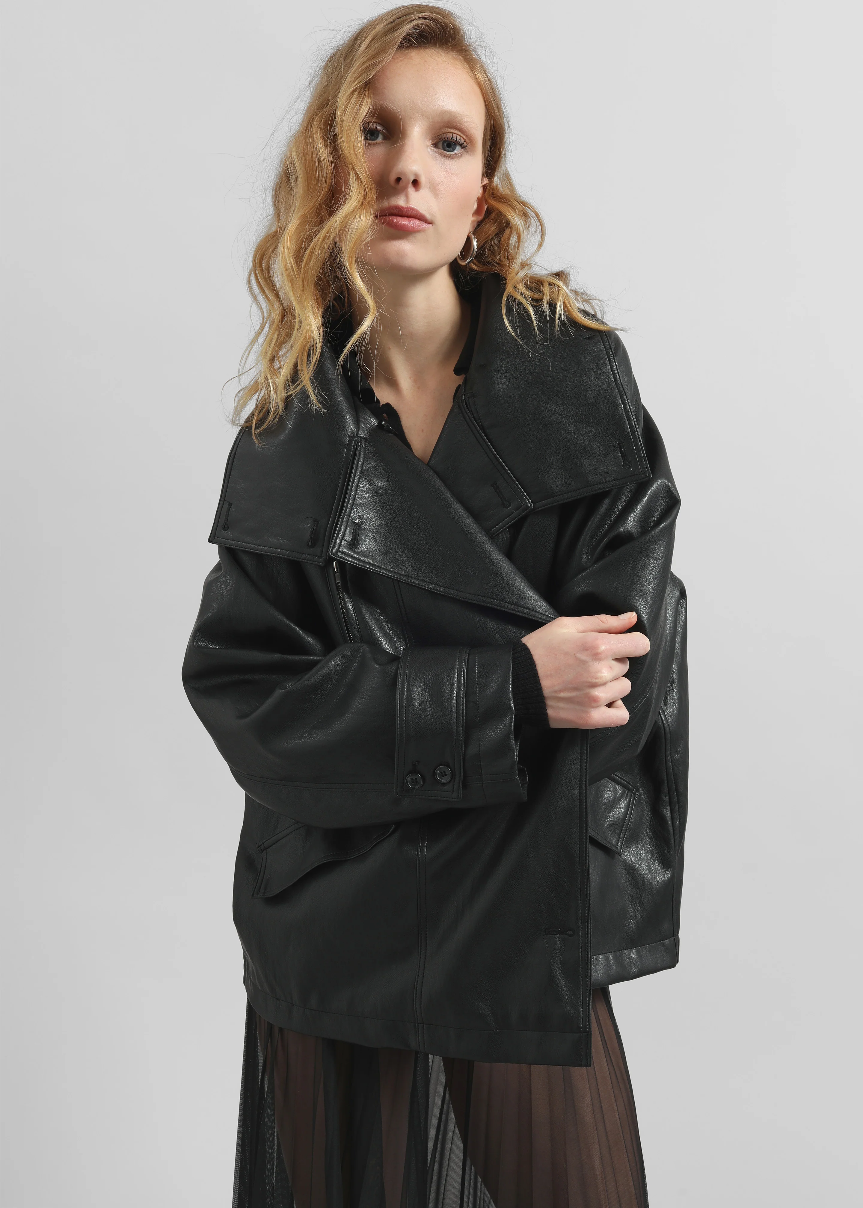 Amunta Faux Leather Trench Jacket - Black - Image 7