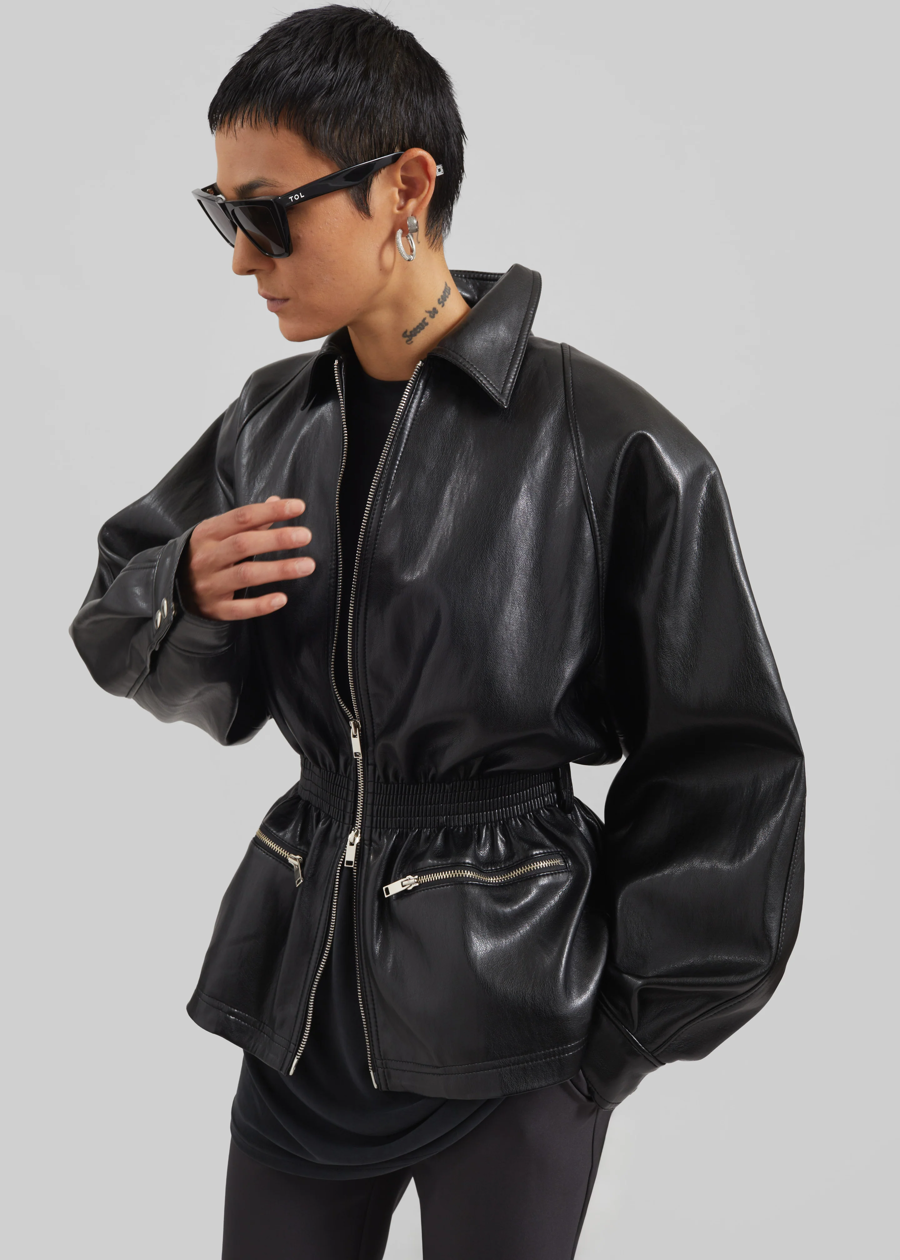 Annette Faux Leather Peplum Jacket - Black - Image 2