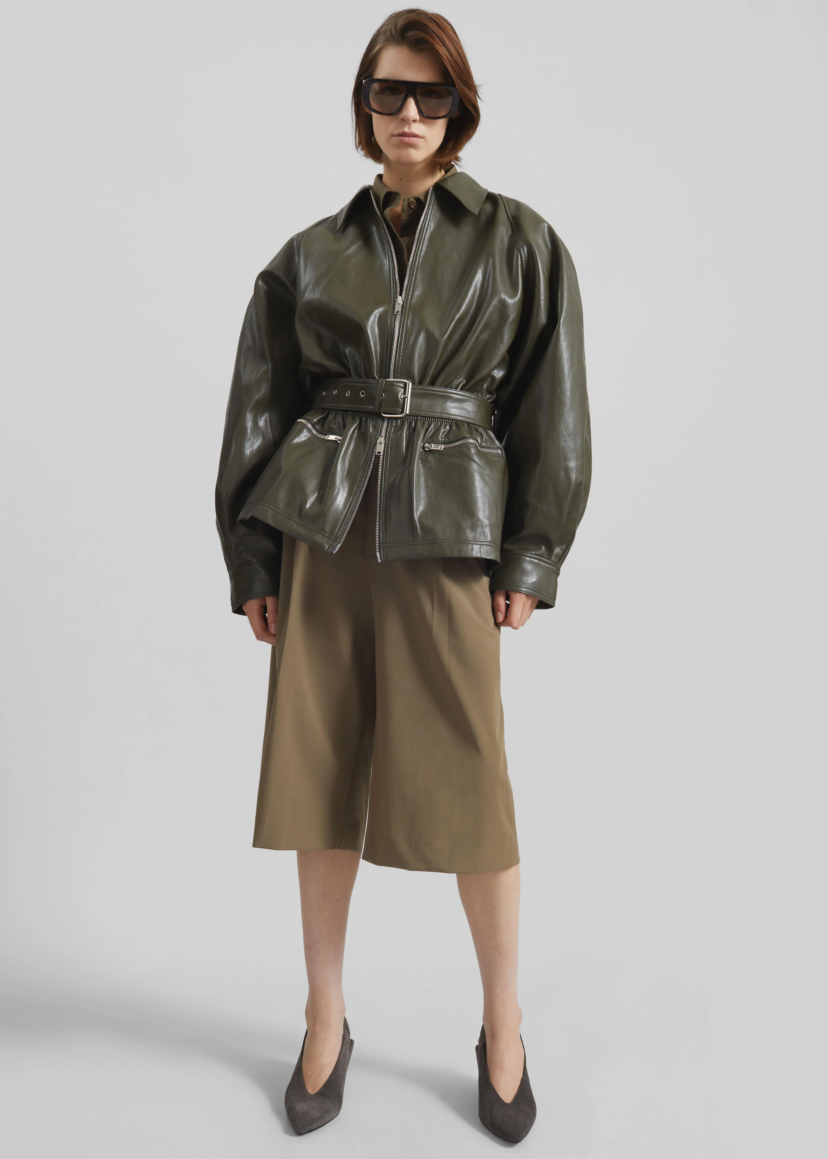 Annette Faux Leather Peplum Jacket - Olive - Image 2