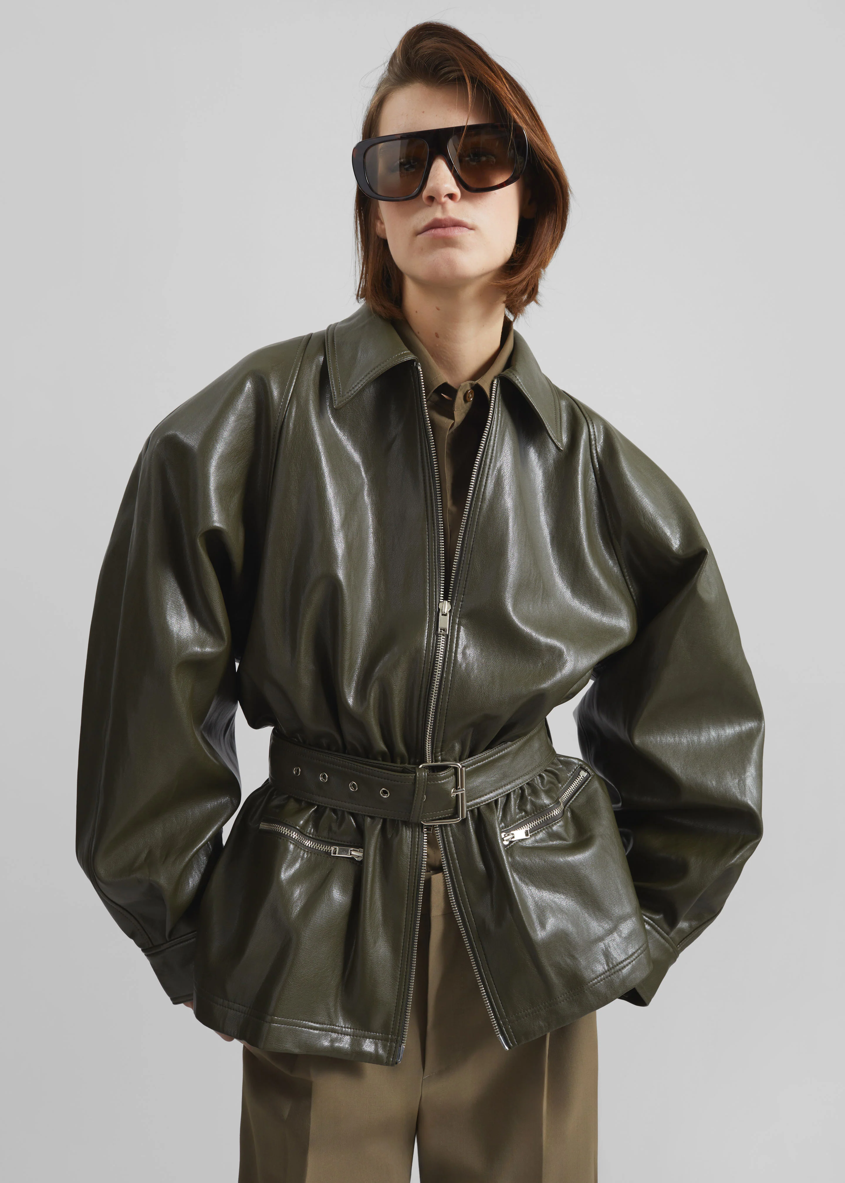 Annette Faux Leather Peplum Jacket - Olive - Image 3