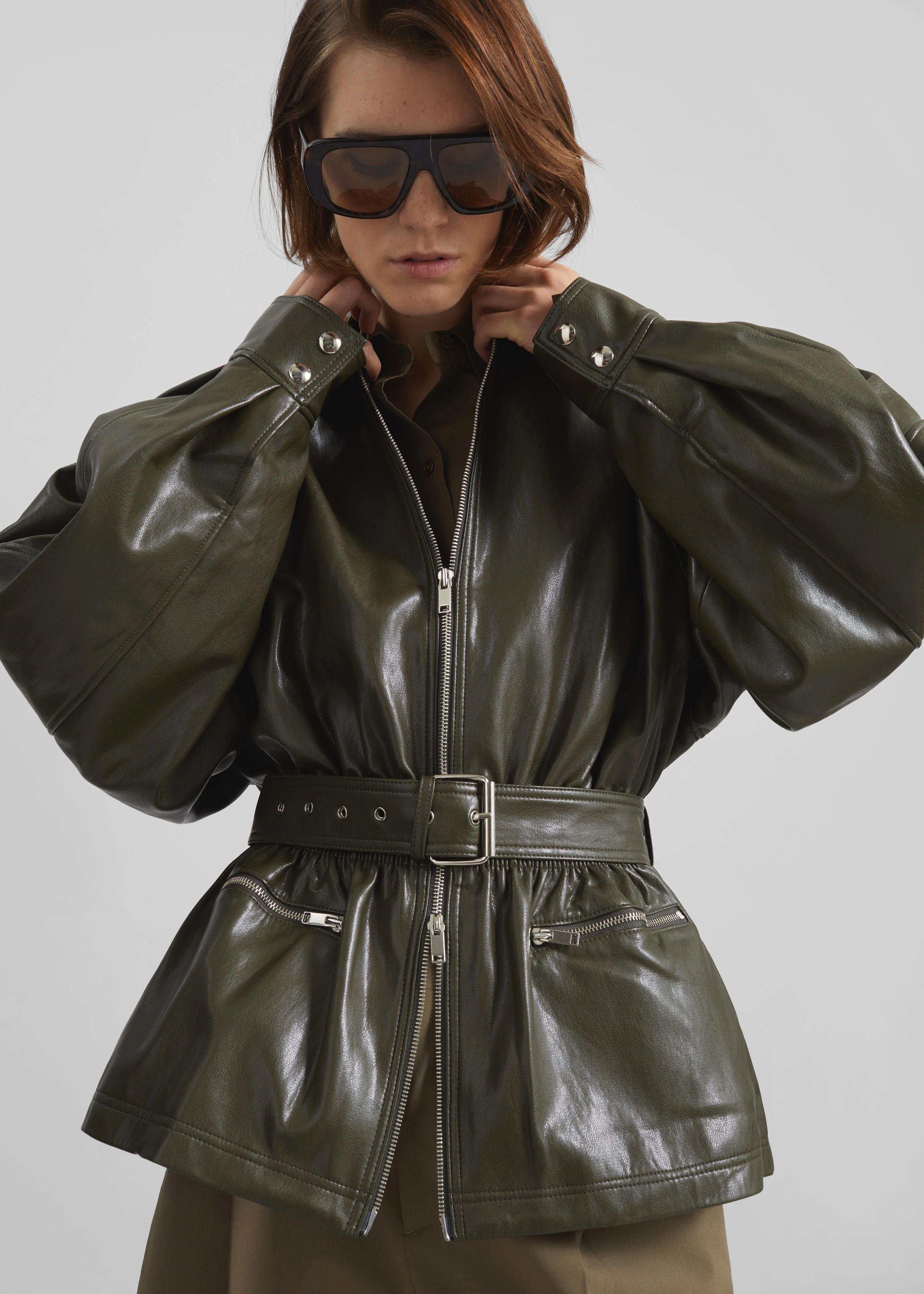 Annette Faux Leather Peplum Jacket - Olive - Image 4