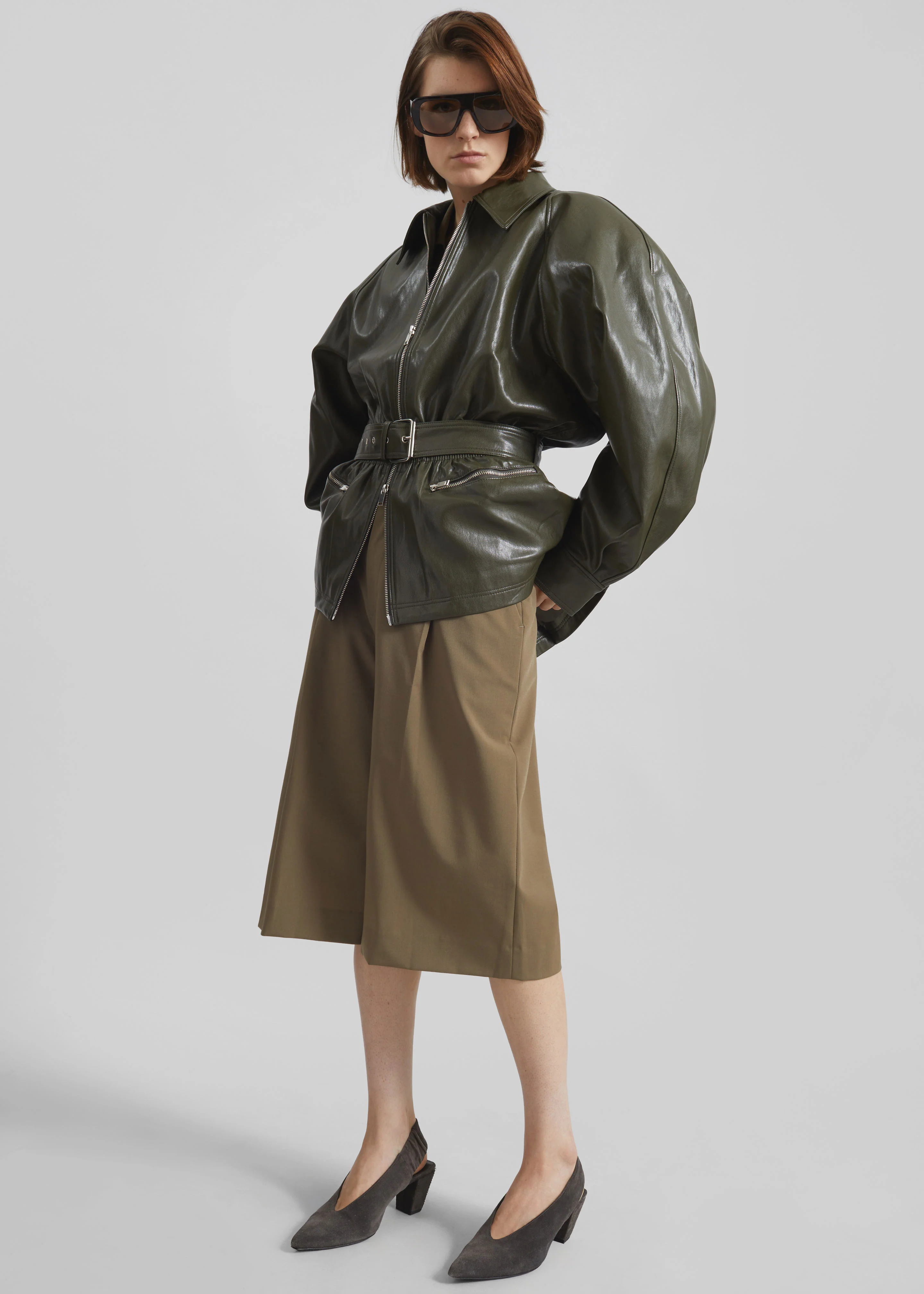 Annette Faux Leather Peplum Jacket - Olive - Image 7
