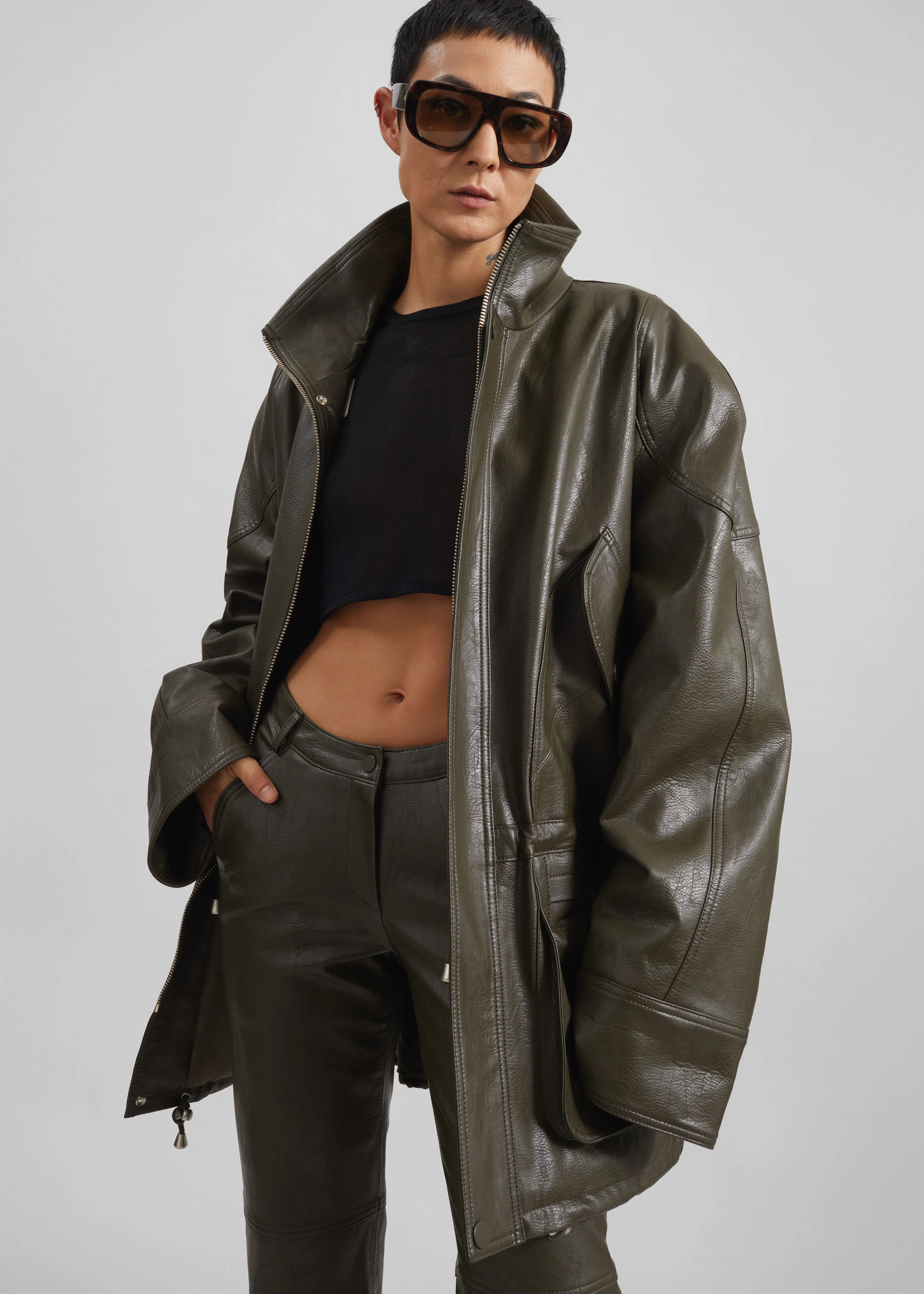 Ascona Faux Leather Jacket - Dark Olive - Image 4