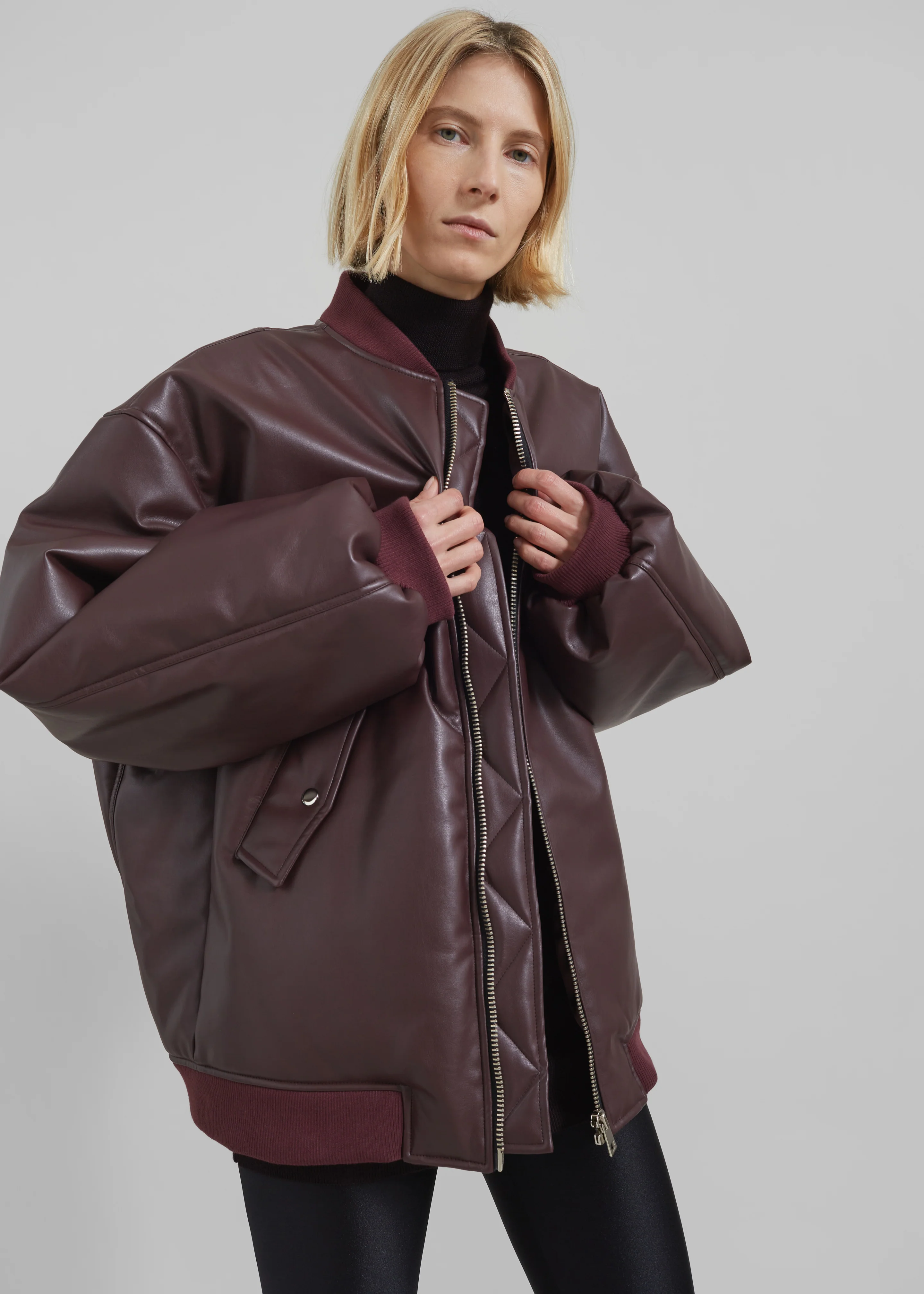 Astra Faux Leather Bomber Jacket - Burgundy - Image 3
