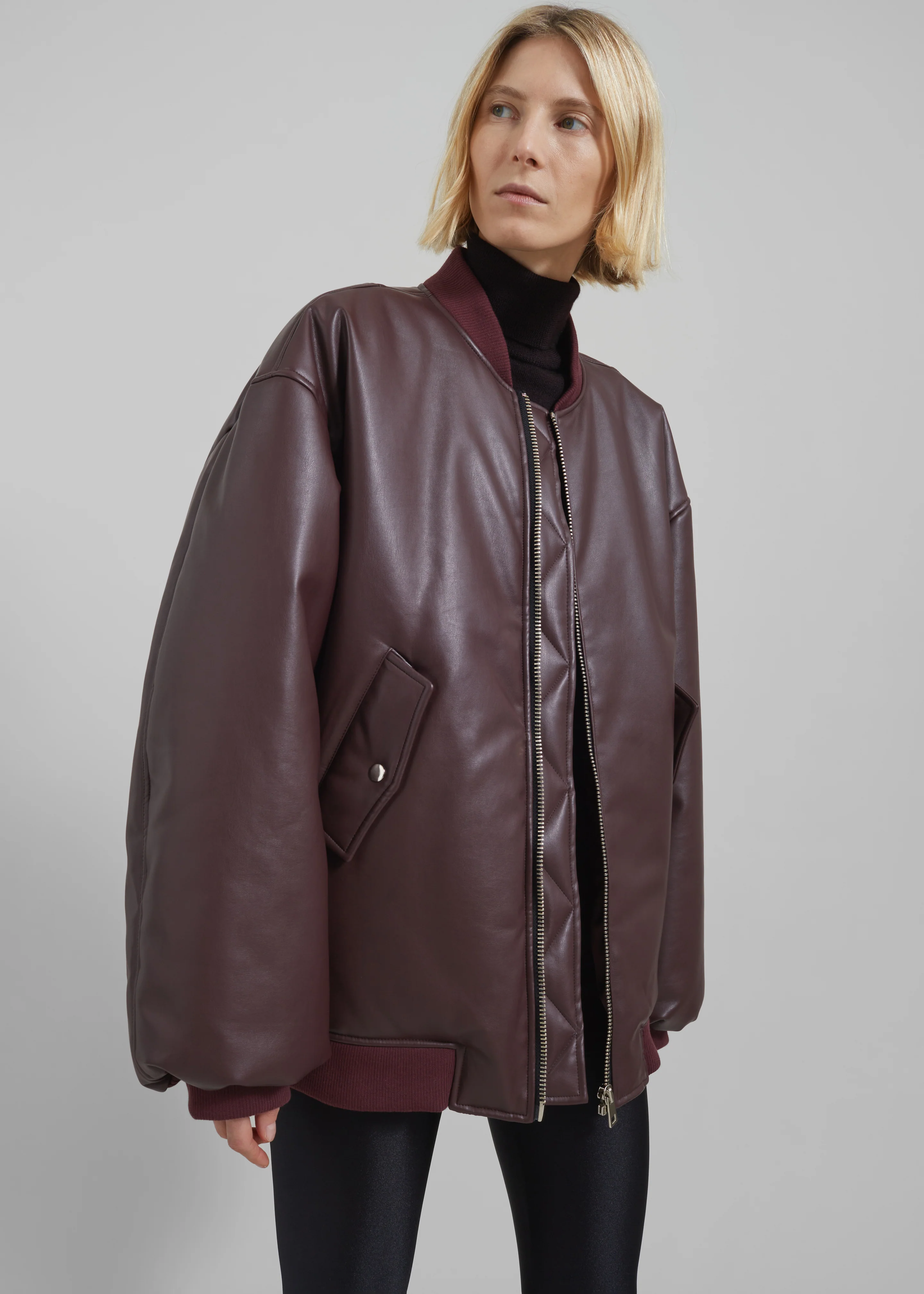 Astra Faux Leather Bomber Jacket - Burgundy - Image 5
