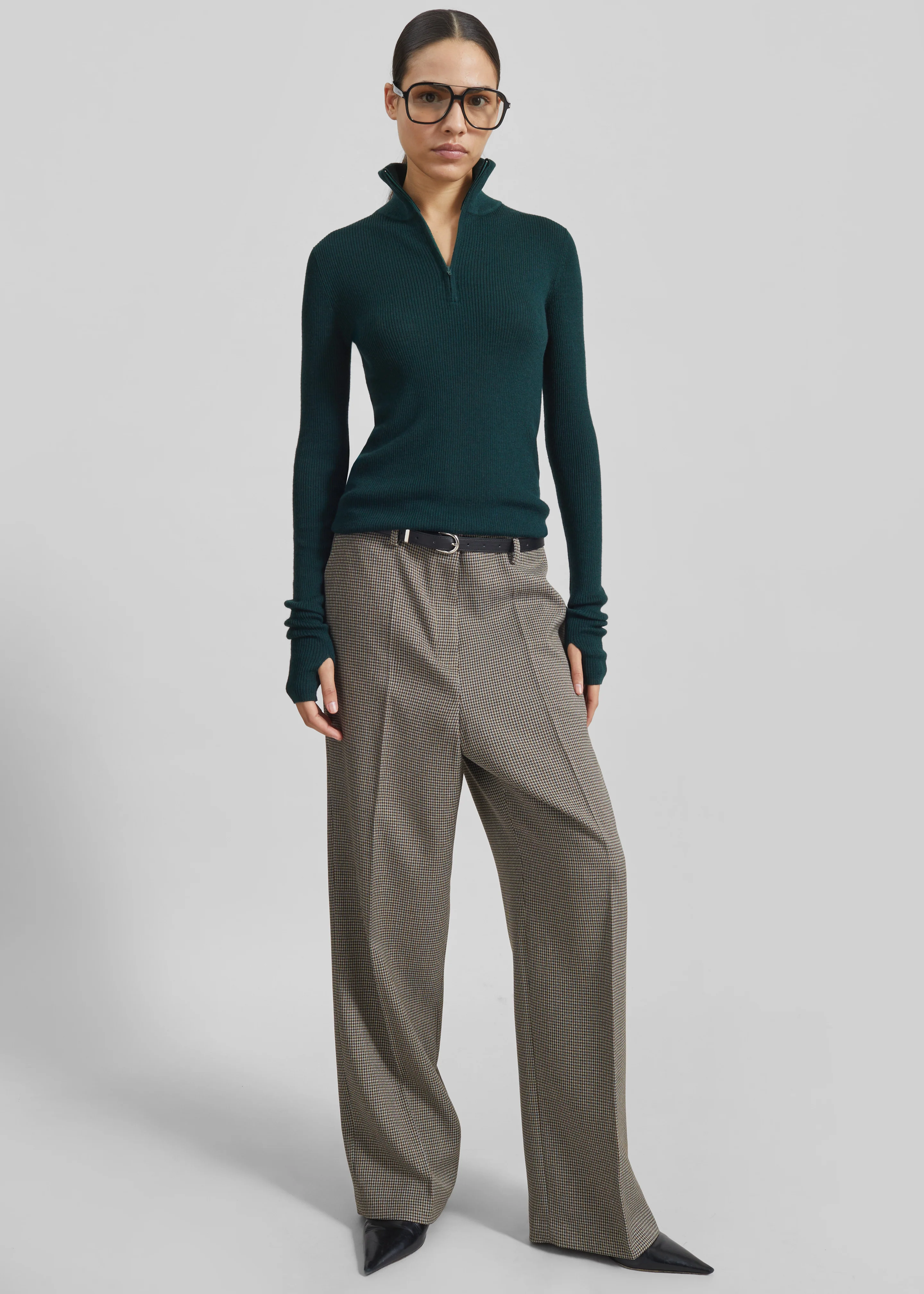 Aubel Belted Straight Pants - Black Houndstooth - Image 6
