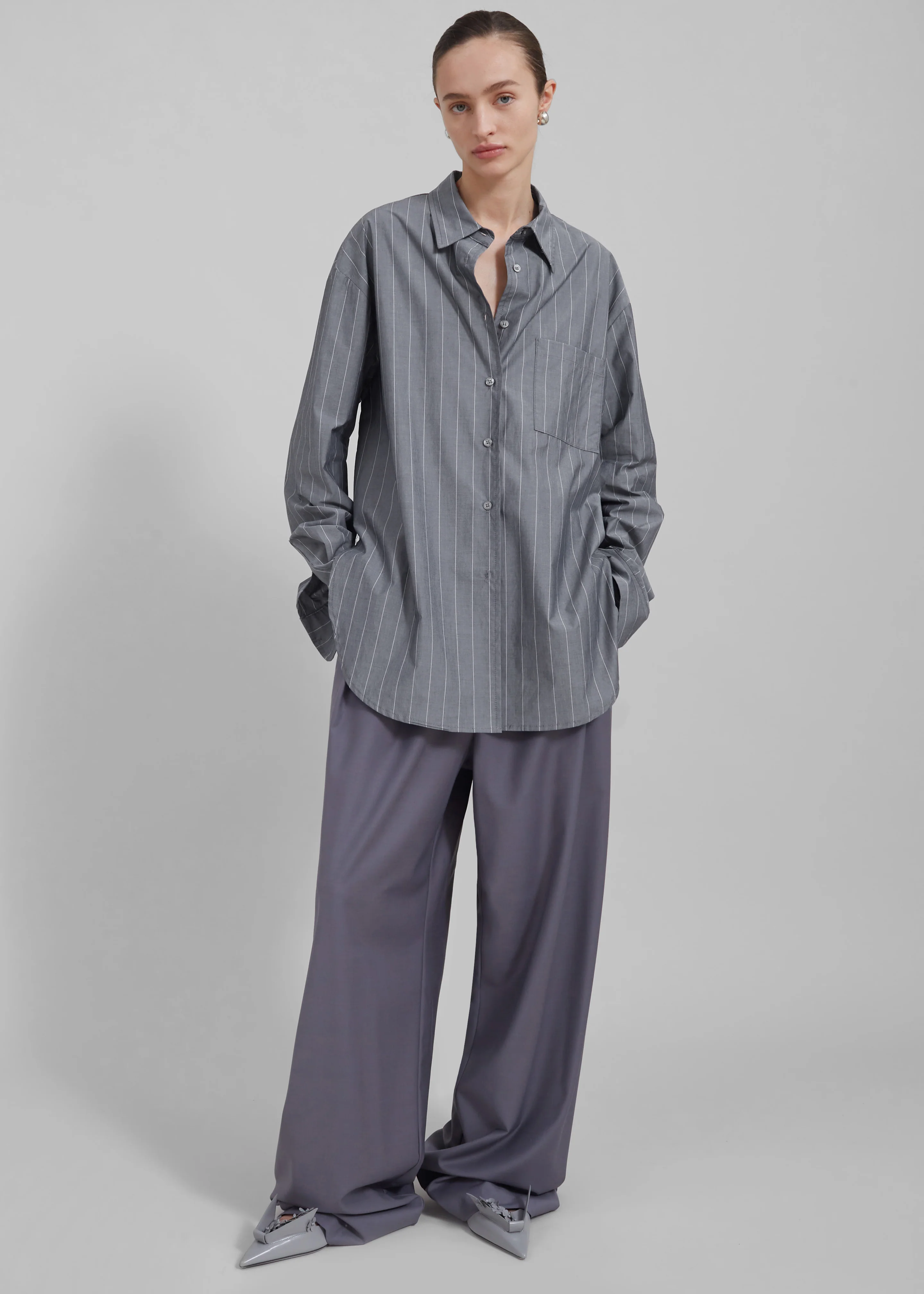 Beatrix Button Up Shirt - Grey/White Pinstripe - Image 4