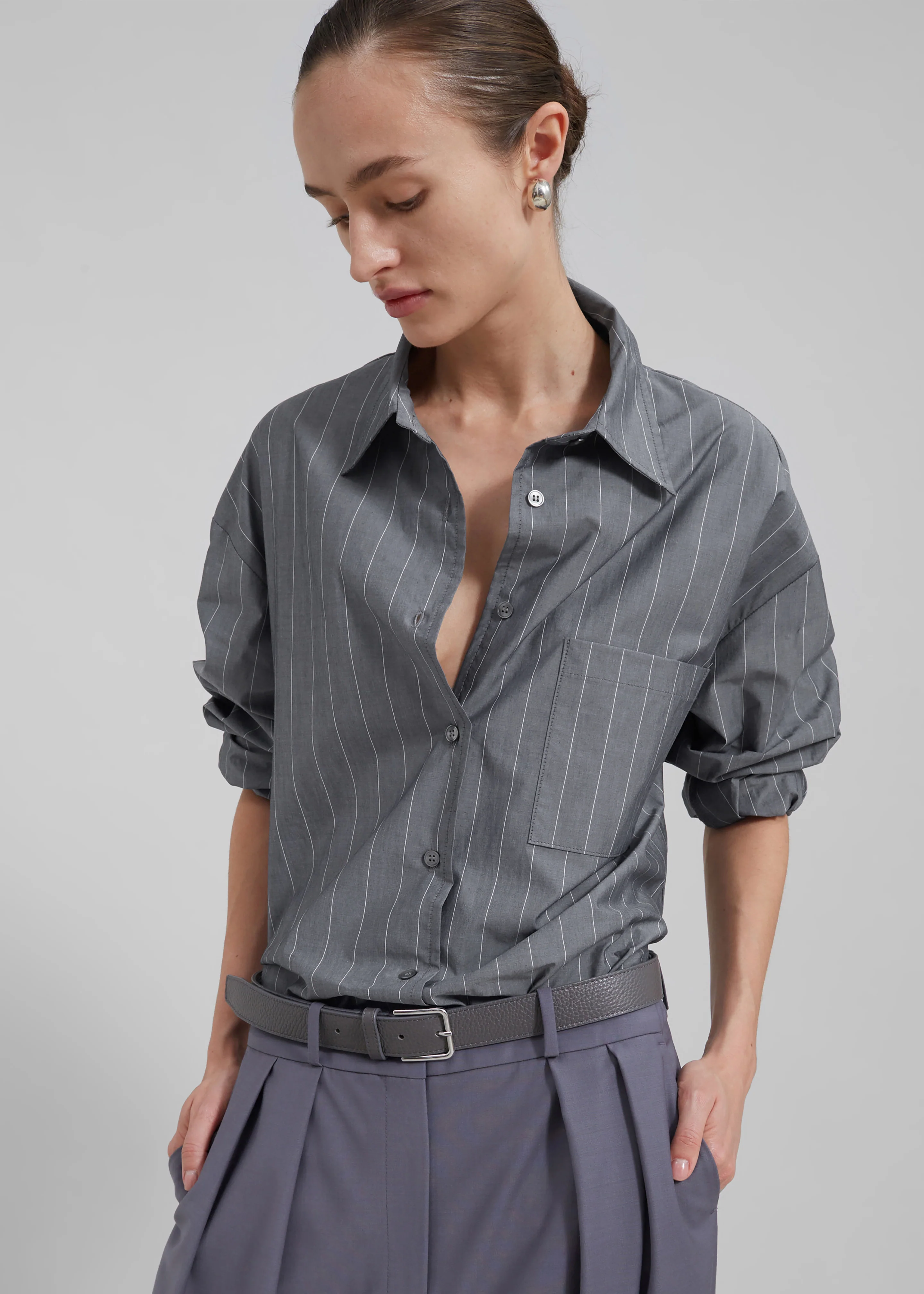 Beatrix Button Up Shirt - Grey/White Pinstripe - Image 8