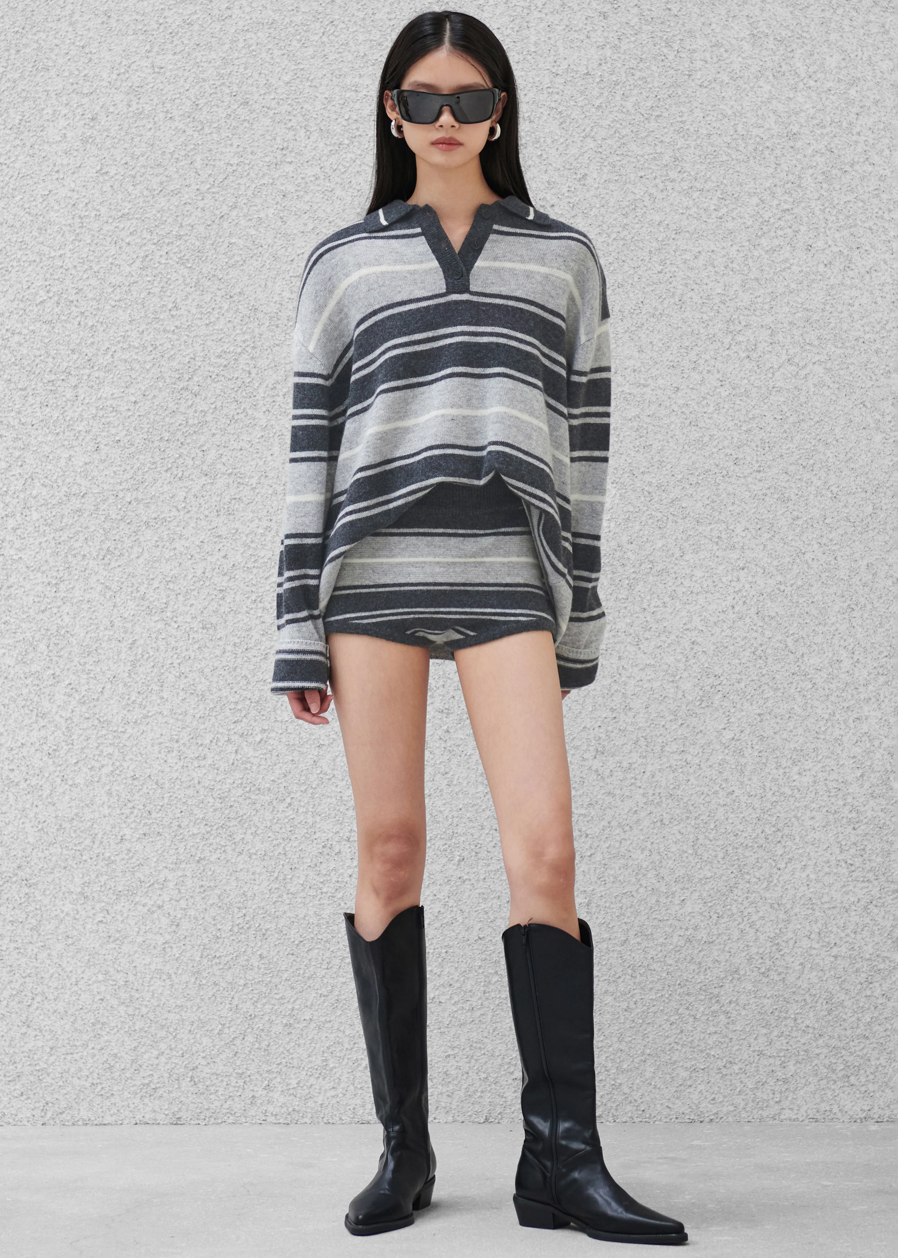 Belize Knit Polo Sweater - Grey Stripe - Image 9
