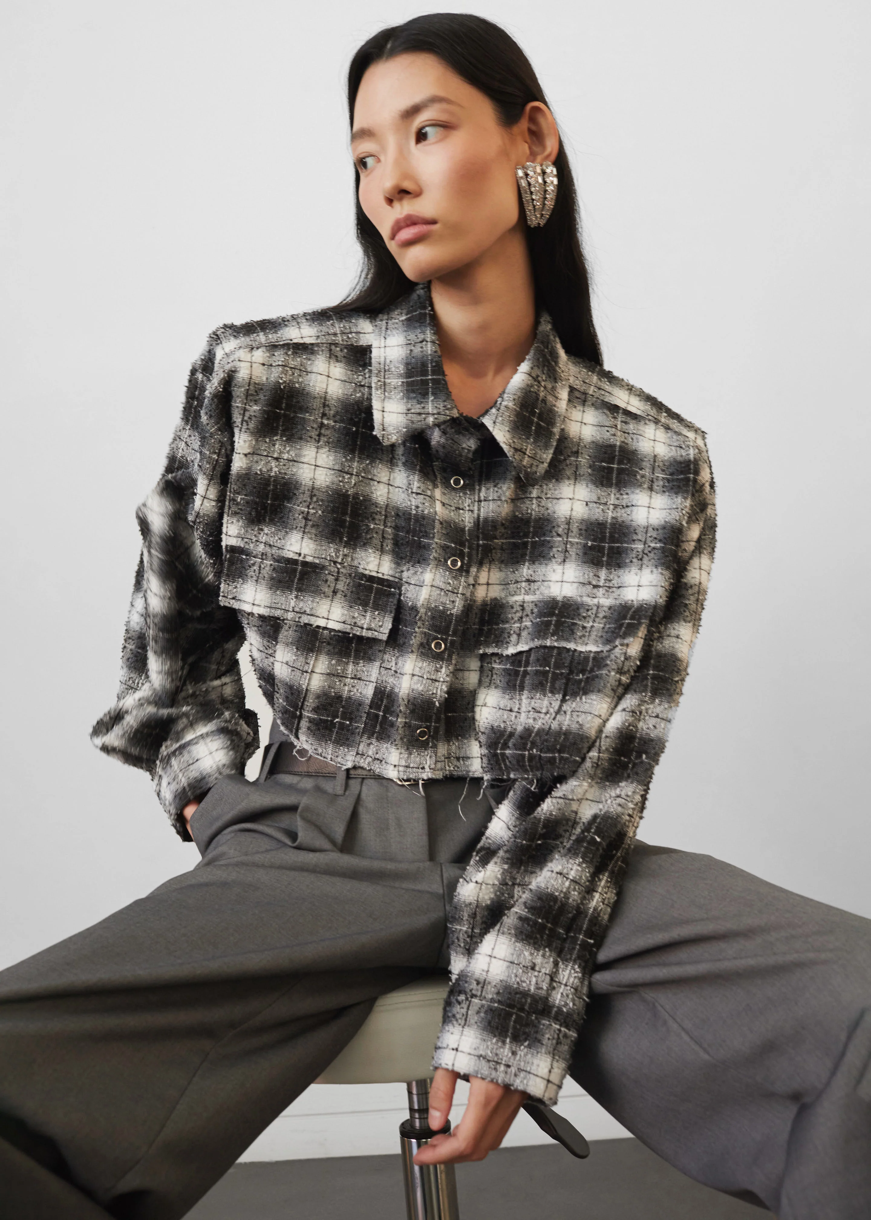 Biasca Distressed Cropped Shirt - Black Plaid - Image 2
