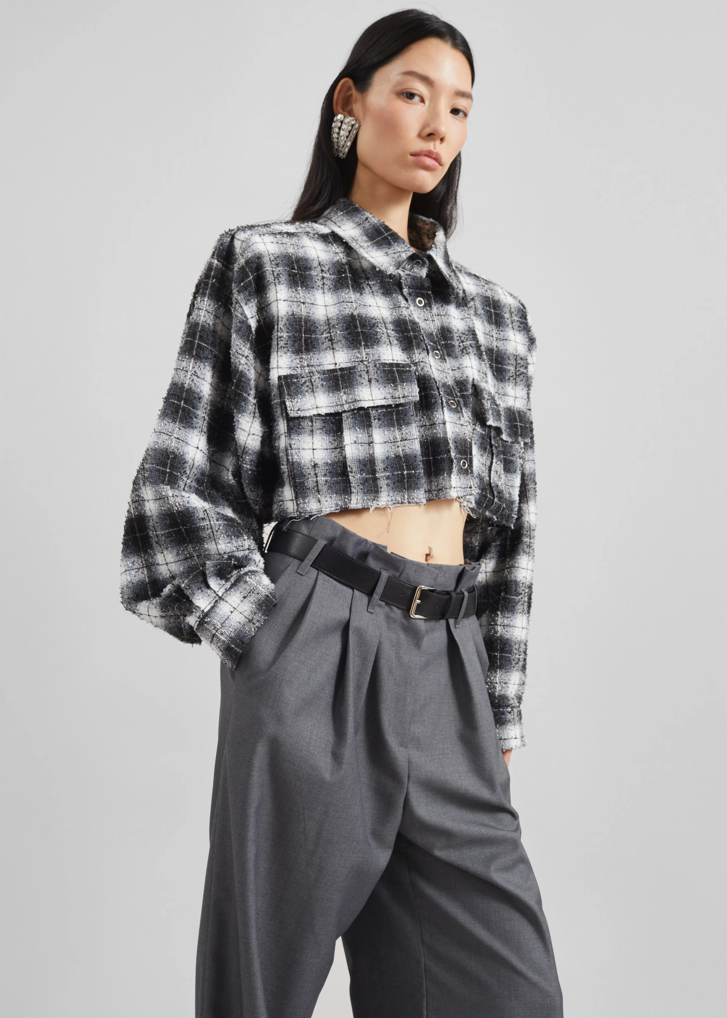 Biasca Distressed Cropped Shirt - Black Plaid - Image 6