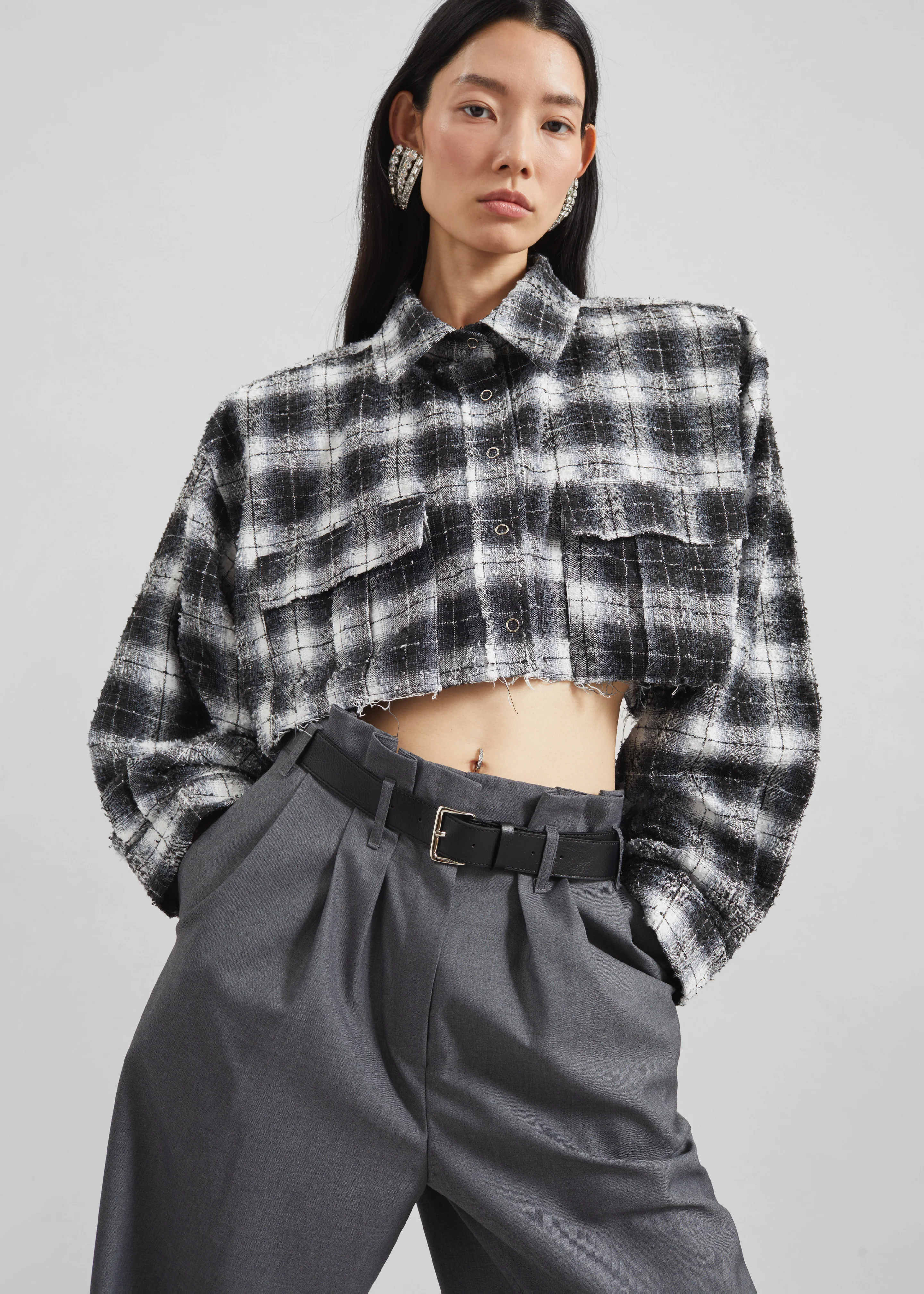 Biasca Distressed Cropped Shirt - Black Plaid - Image 8
