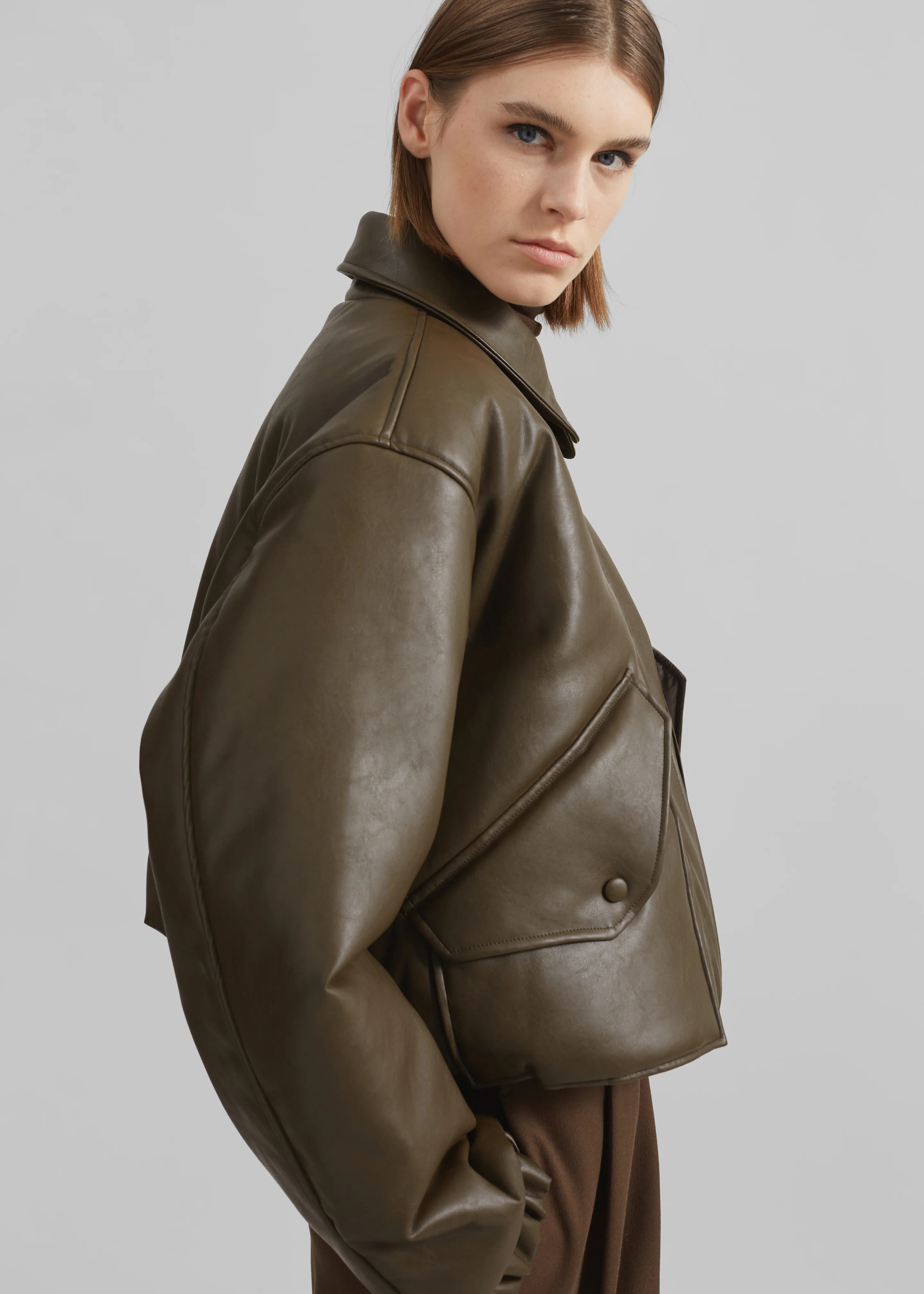 Blane Faux Leather Padded Bomber Jacket - Khaki Brown - Image 2