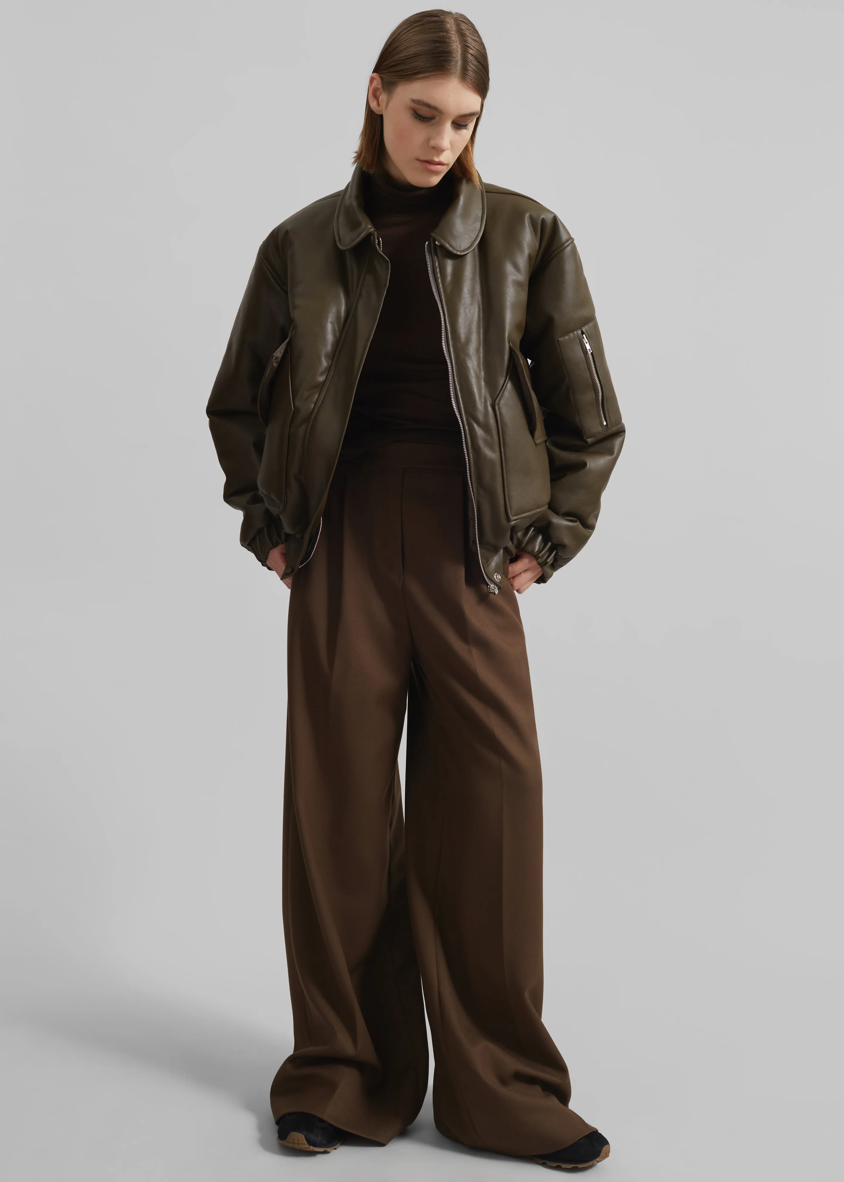 Blane Faux Leather Padded Bomber Jacket - Khaki Brown - Image 3