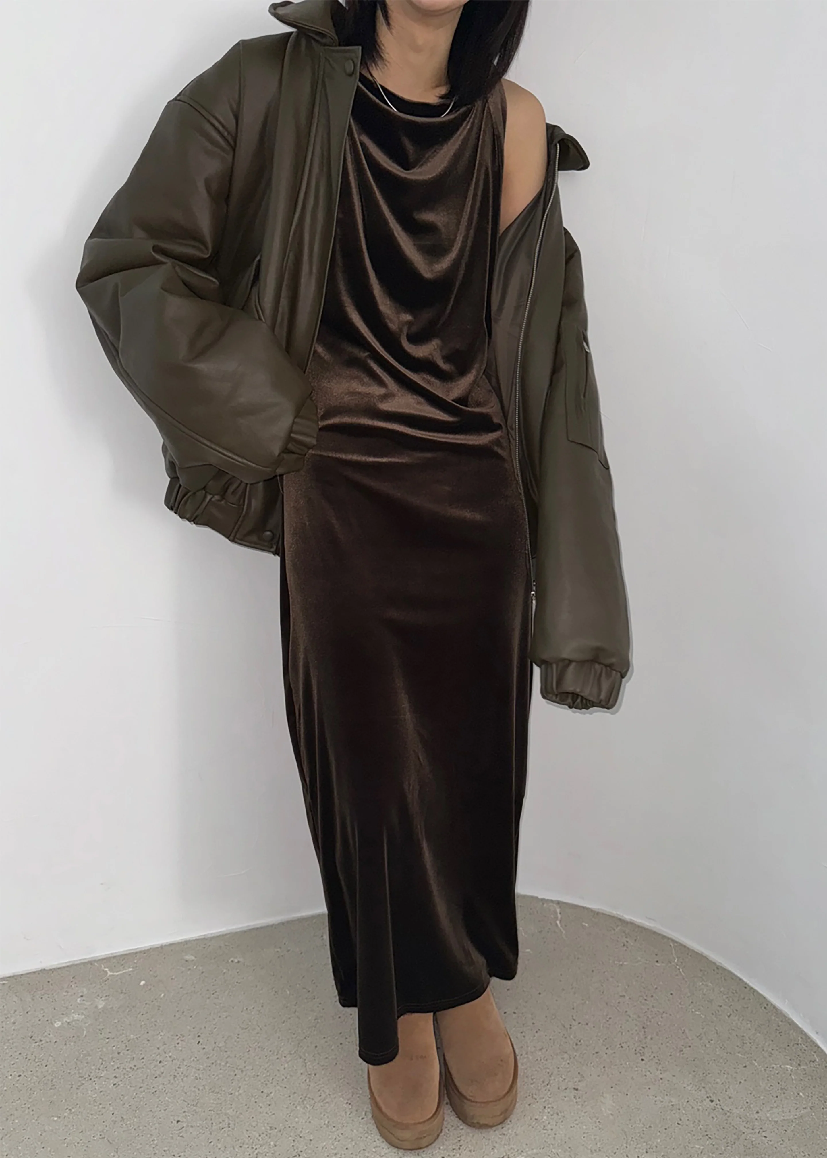 Blane Faux Leather Padded Bomber Jacket - Khaki Brown - Image 6