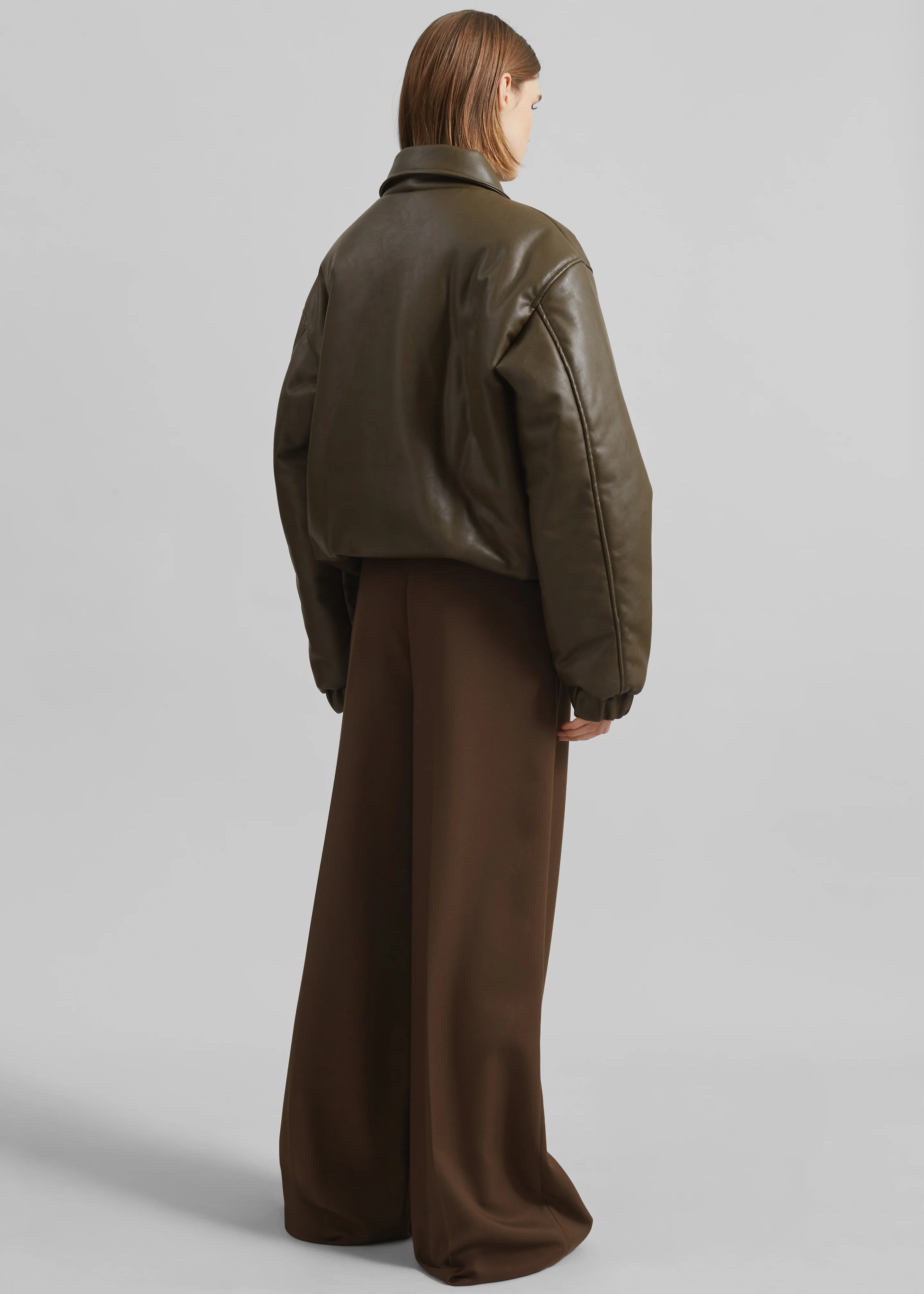 Blane Faux Leather Padded Bomber Jacket - Khaki Brown - Image 9