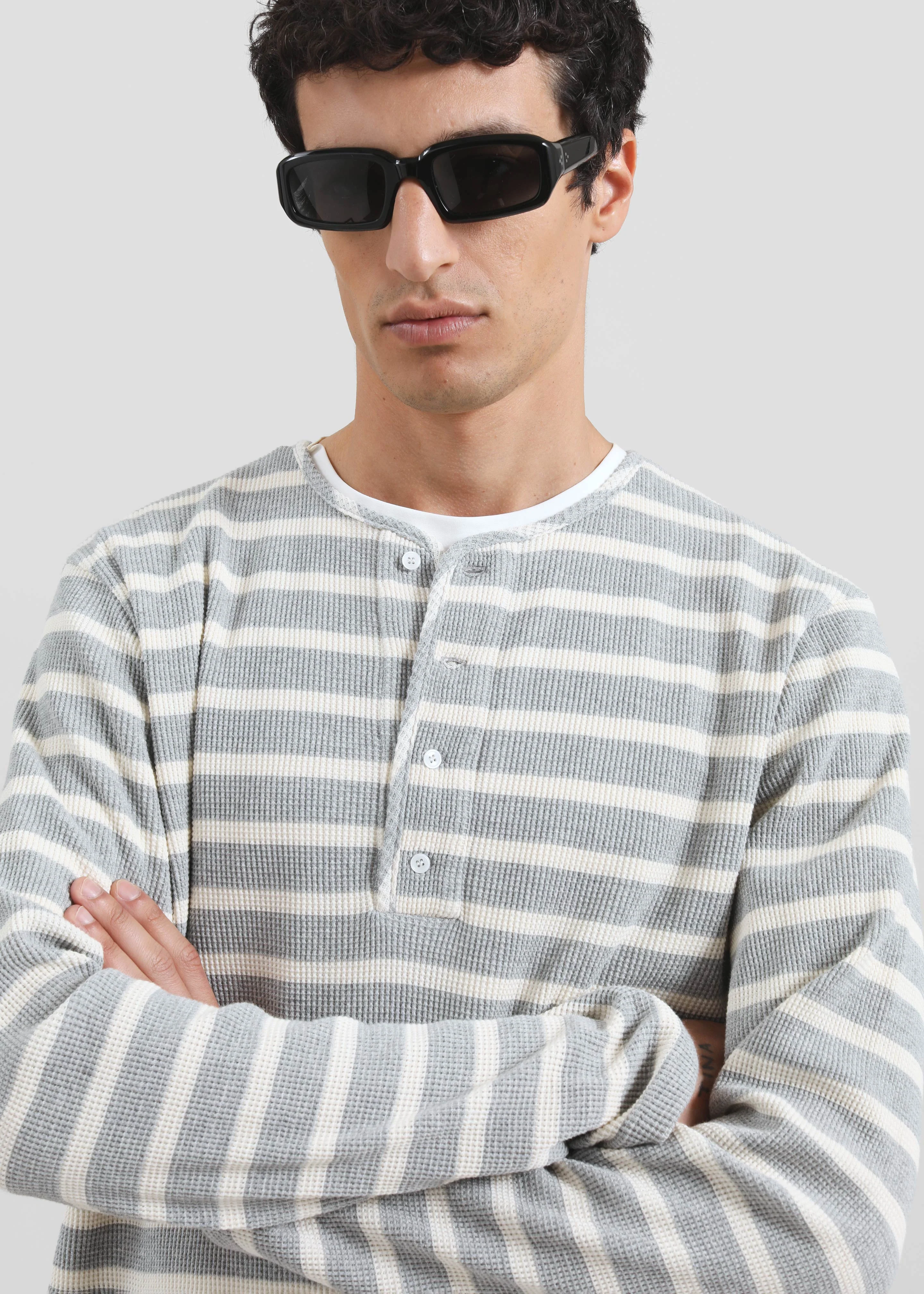 Bourke Soft Cotton Henley T-Shirt - Grey/White Stripe - Image 3