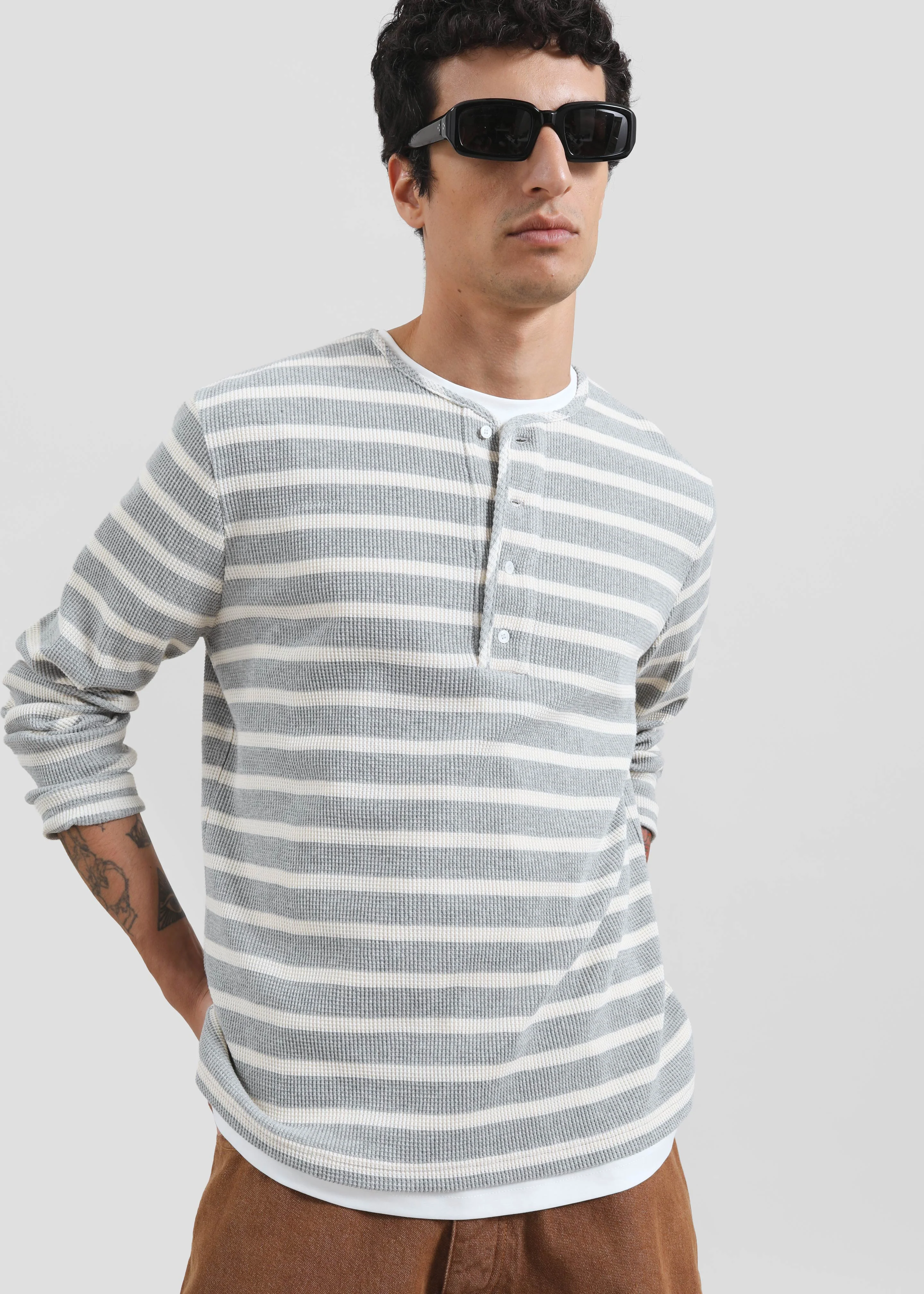 Bourke Soft Cotton Henley T-Shirt - Grey/White Stripe - Image 4