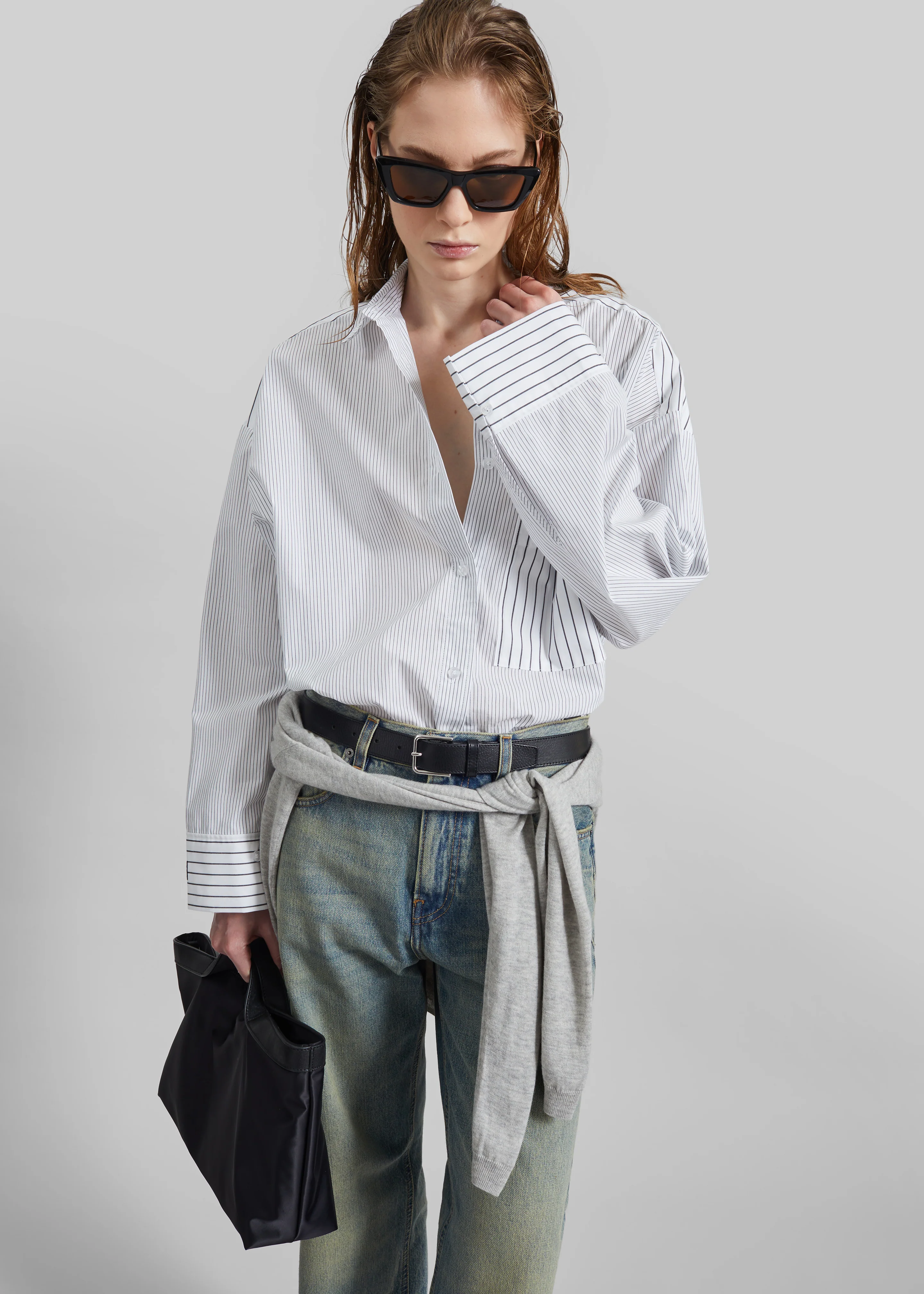 By Malene Birger Derris Shirt - White/Black Mix Stripe - Image 3