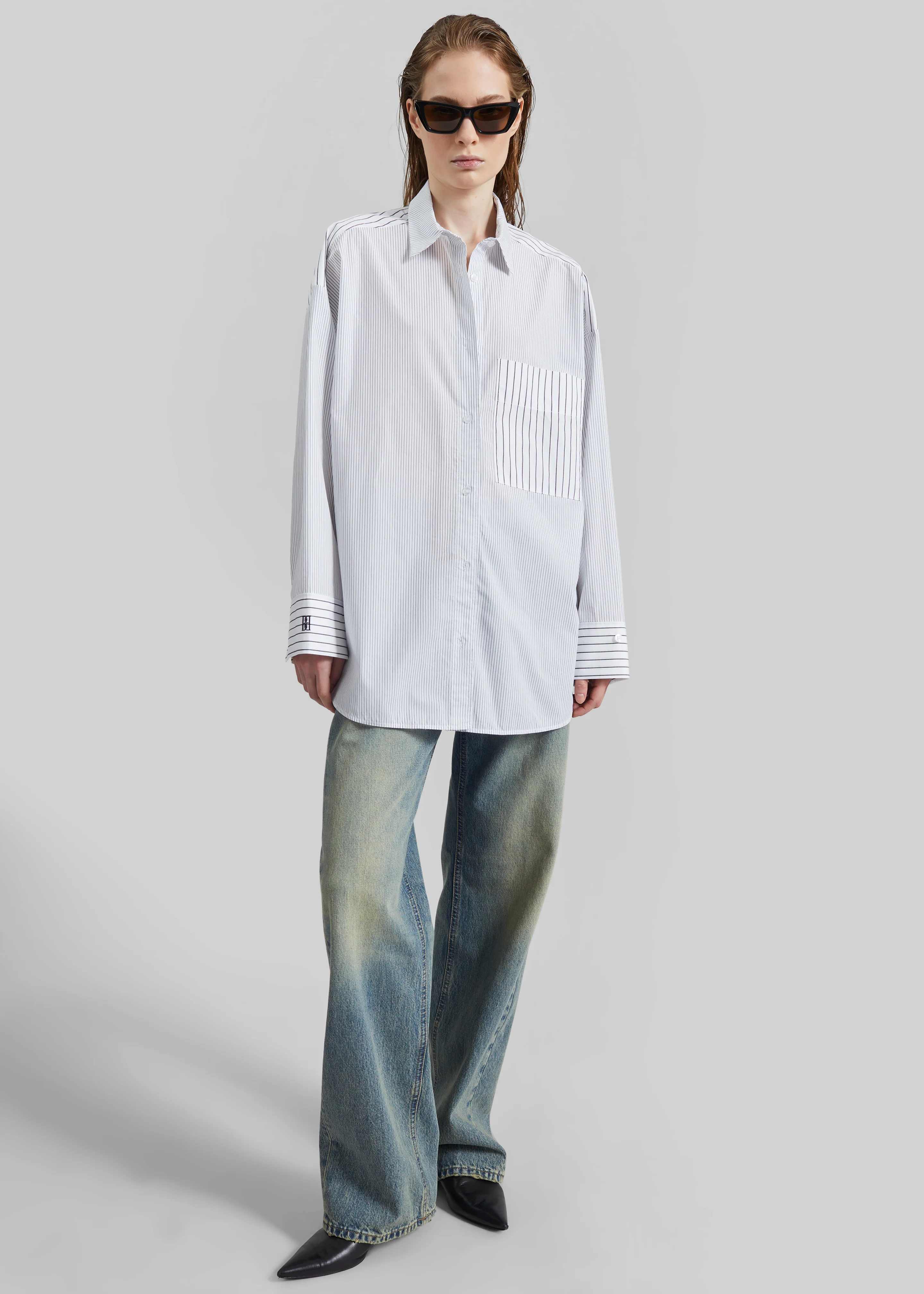 By Malene Birger Derris Shirt - White/Black Mix Stripe - Image 5