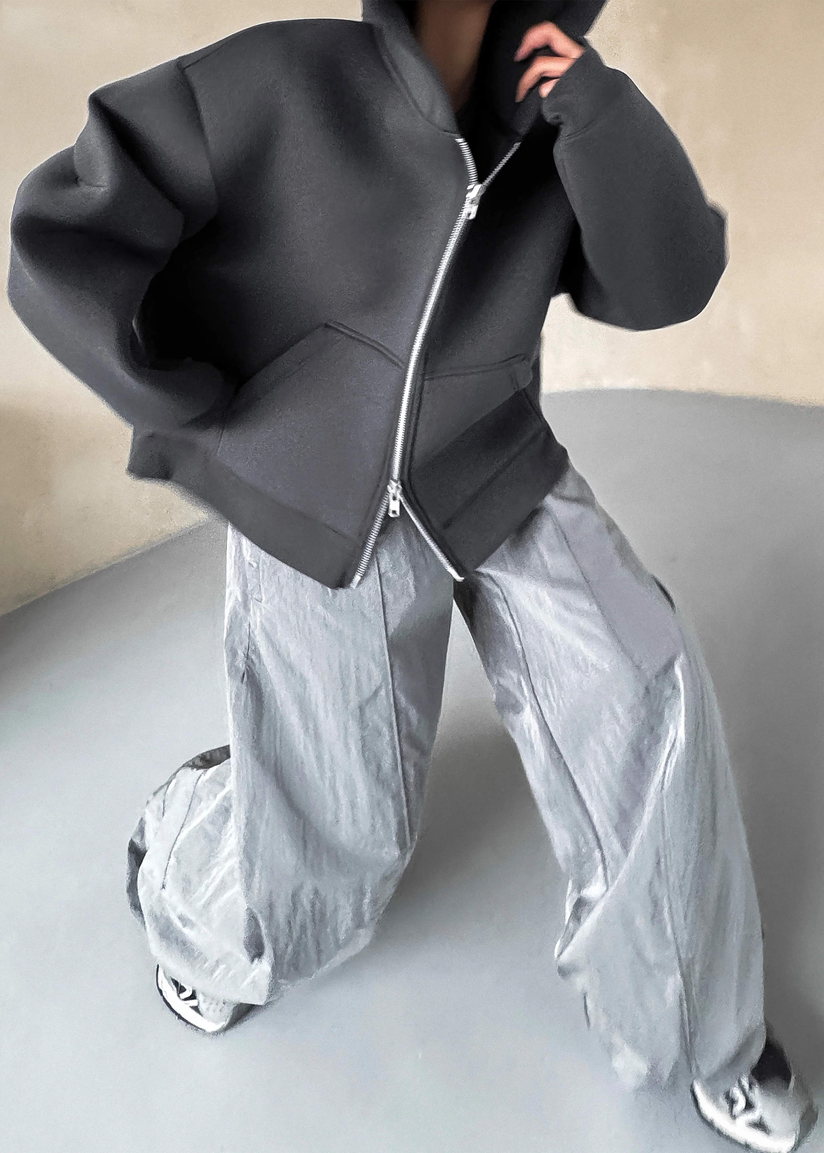 Calder Neoprene Zip-Up Hoodie - Grey - Image 3