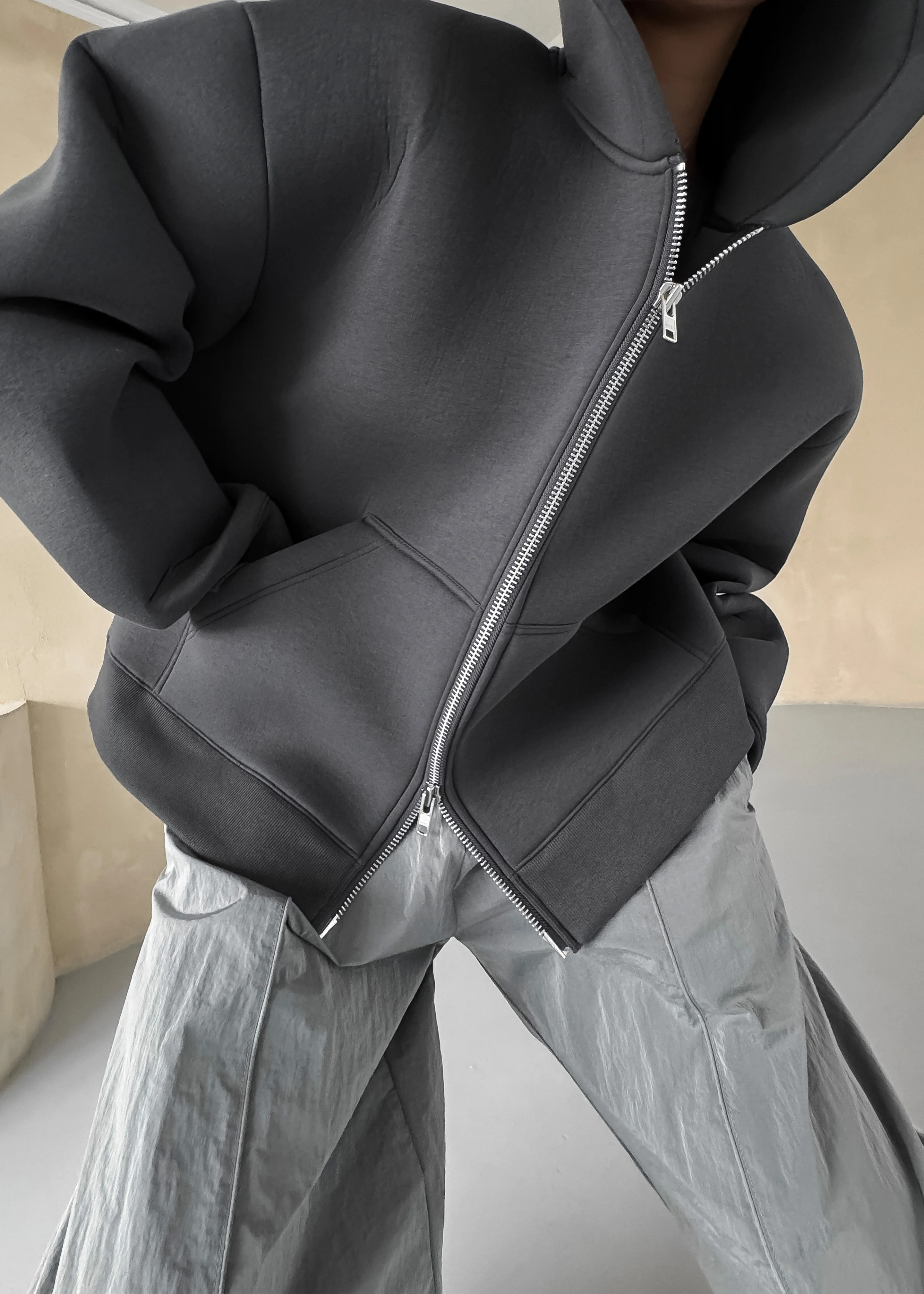 Calder Neoprene Zip-Up Hoodie - Grey - Image 5