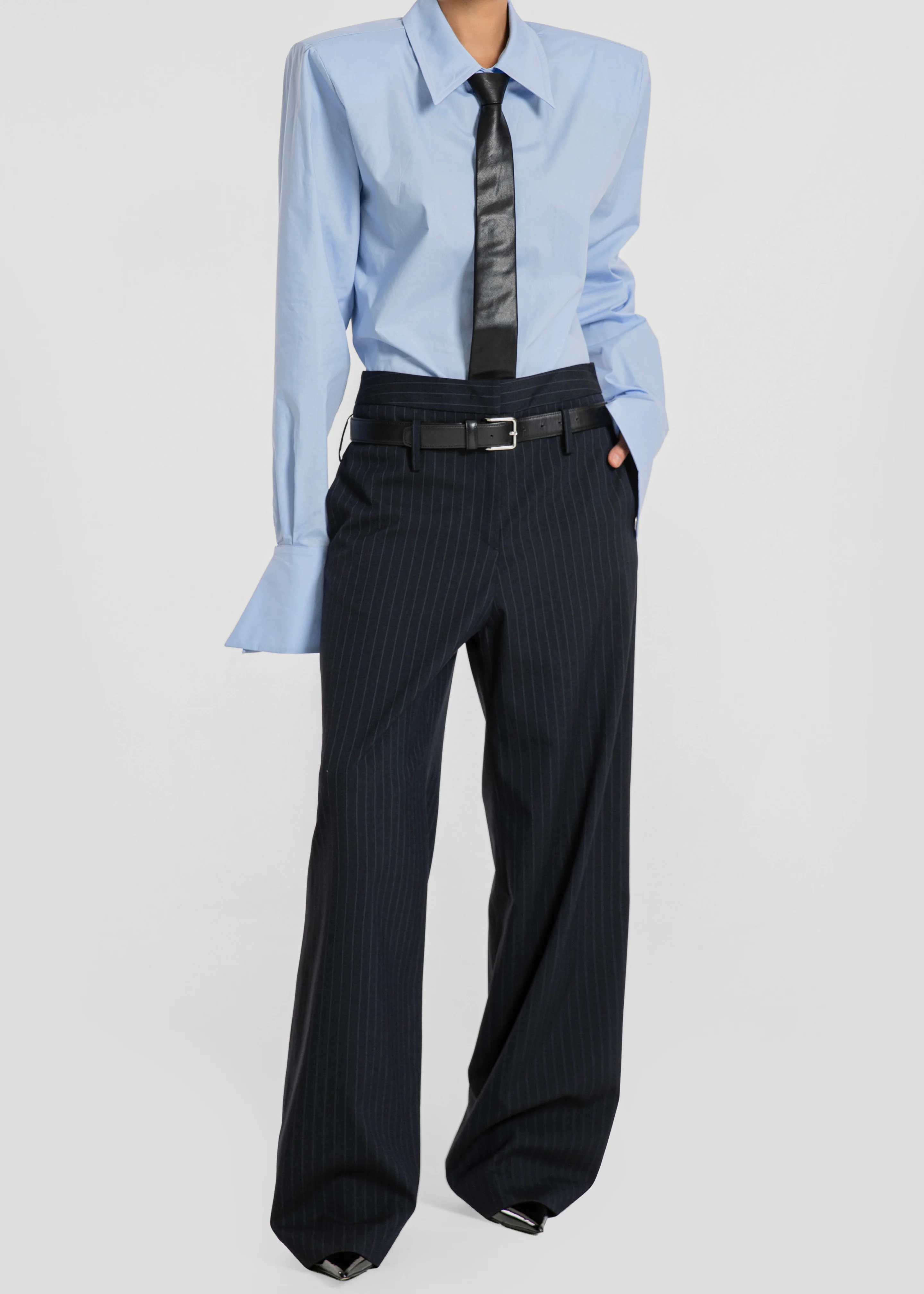 Camlez Low Belt Loop Trousers - Navy Pinstripe - Image 2