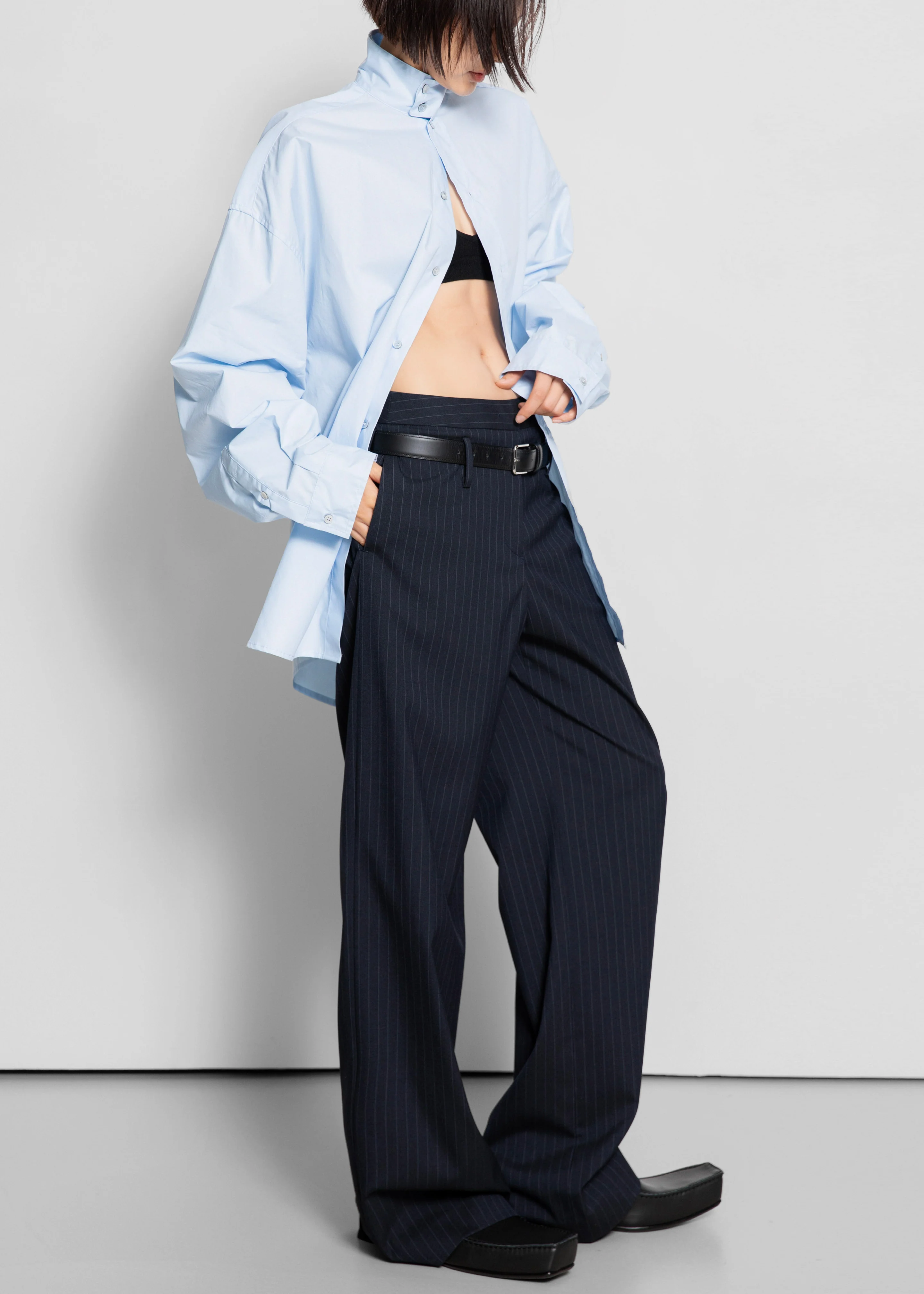 Camlez Low Belt Loop Trousers - Navy Pinstripe - Image 8