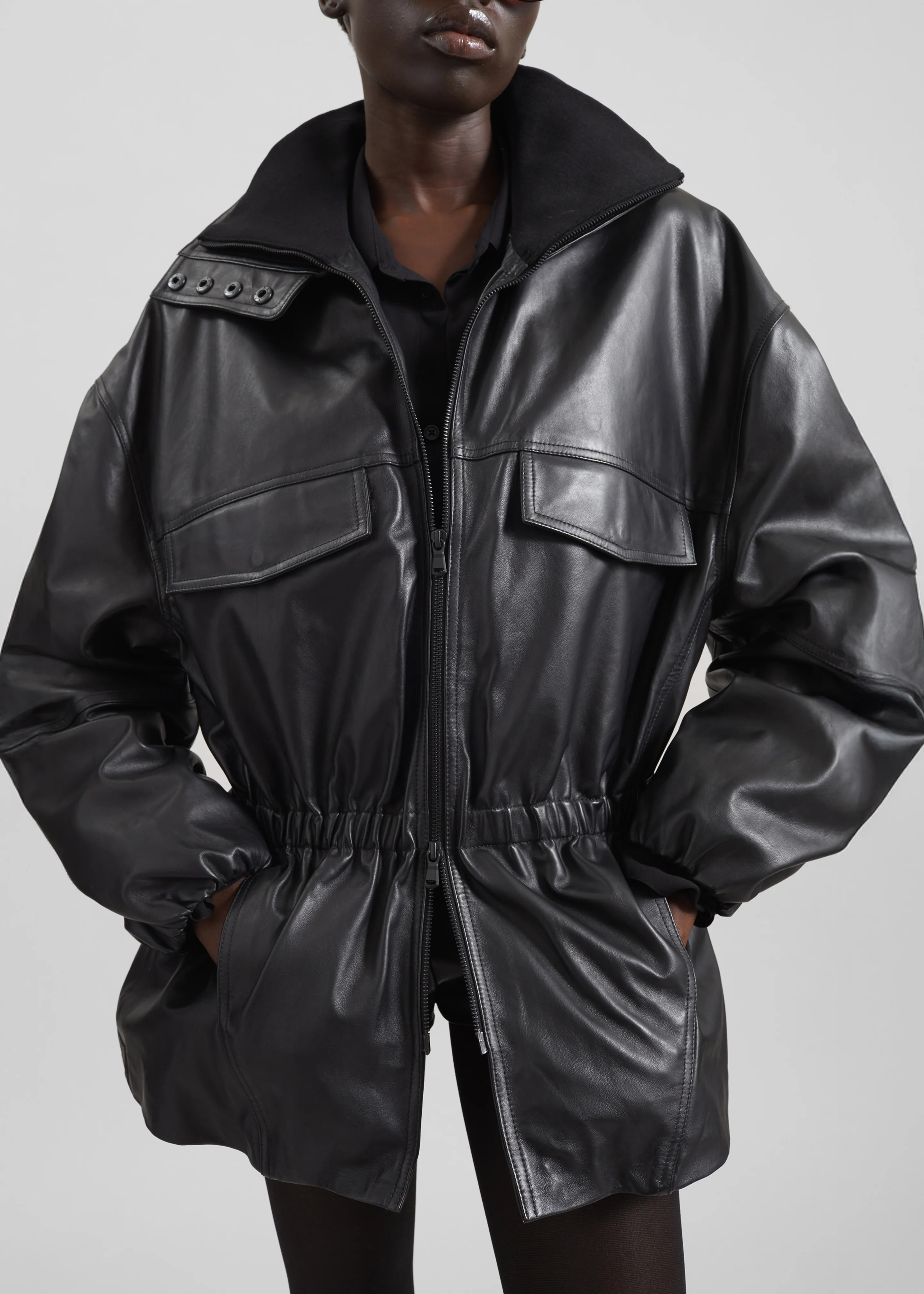 Carnaby Funnel Neck Leather Jacket - Black - Image 2