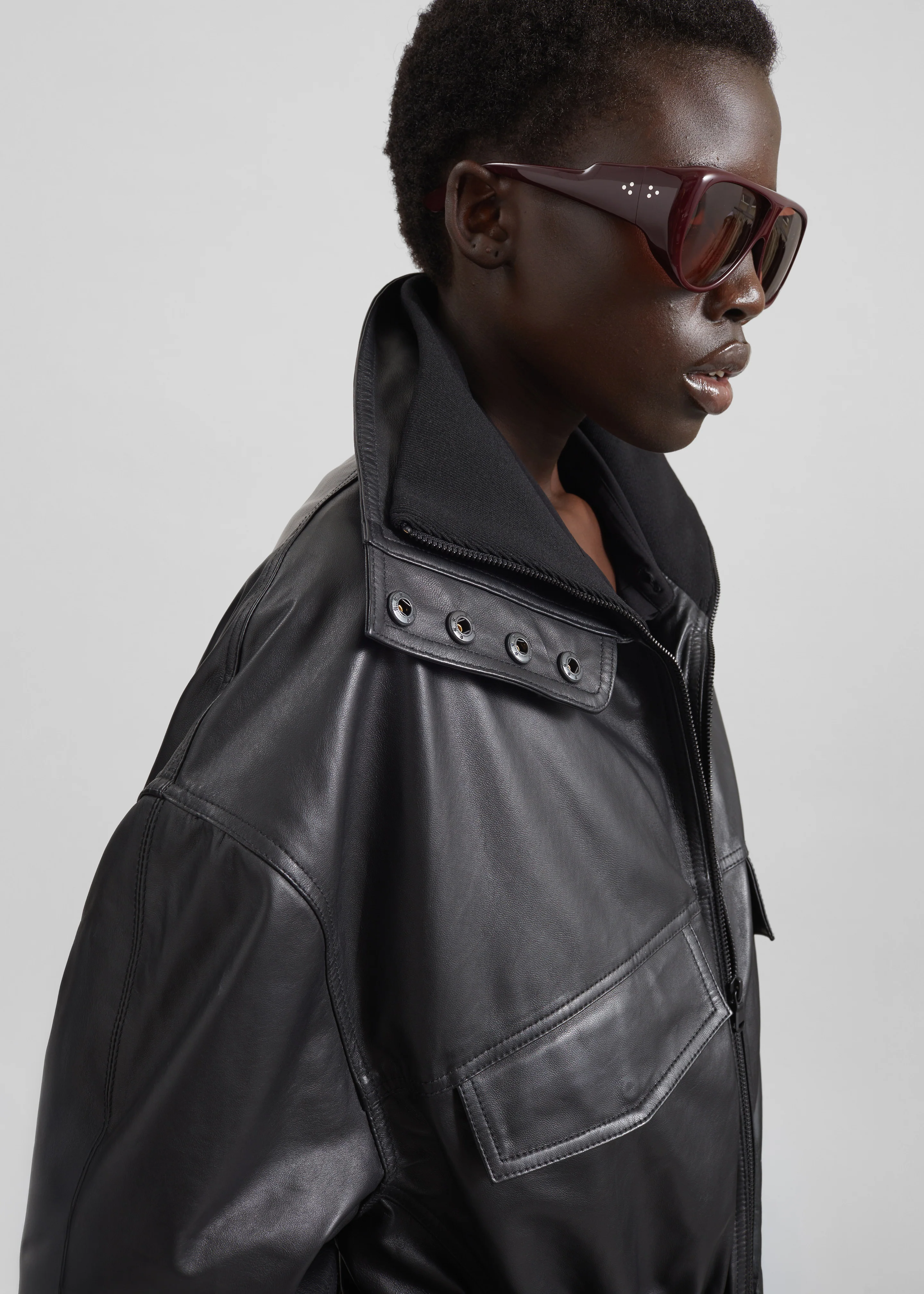 Carnaby Funnel Neck Leather Jacket - Black - Image 3