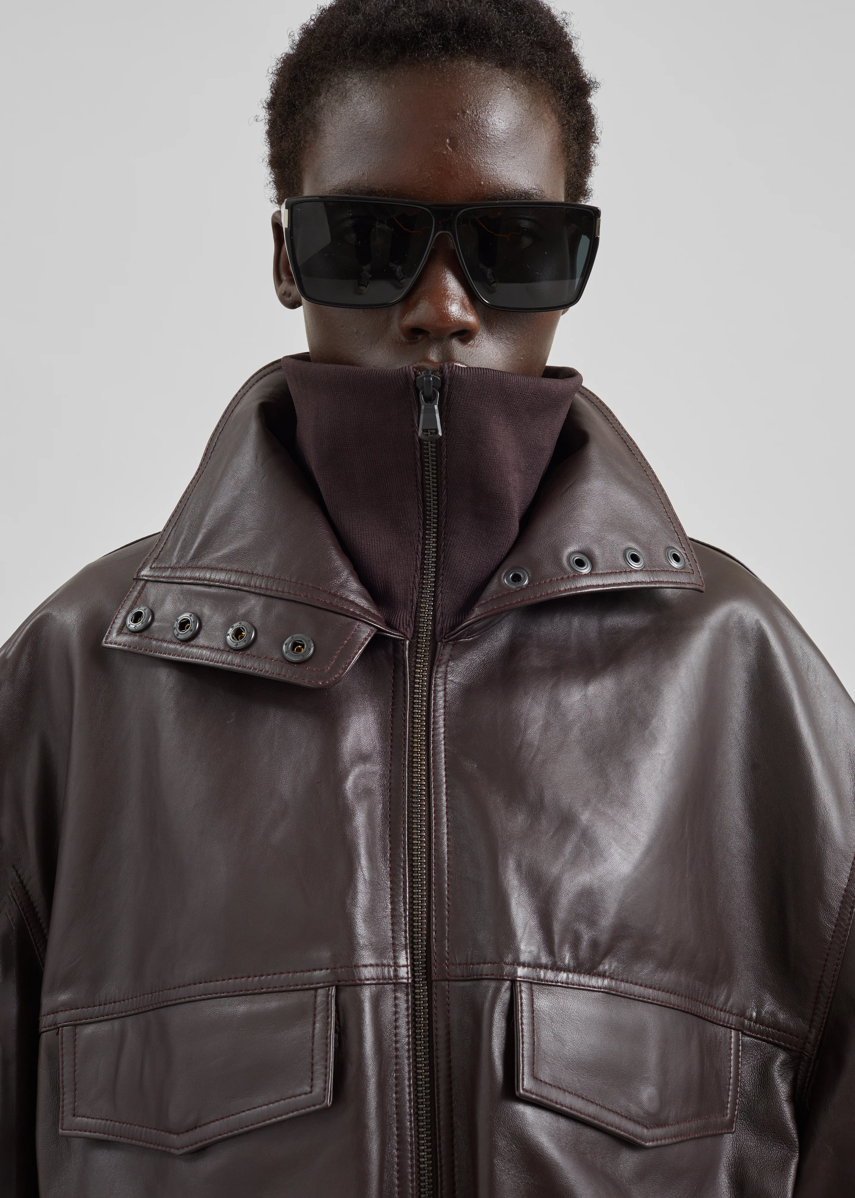 Carnaby Funnel Neck Leather Jacket - Dark Plum - Image 2