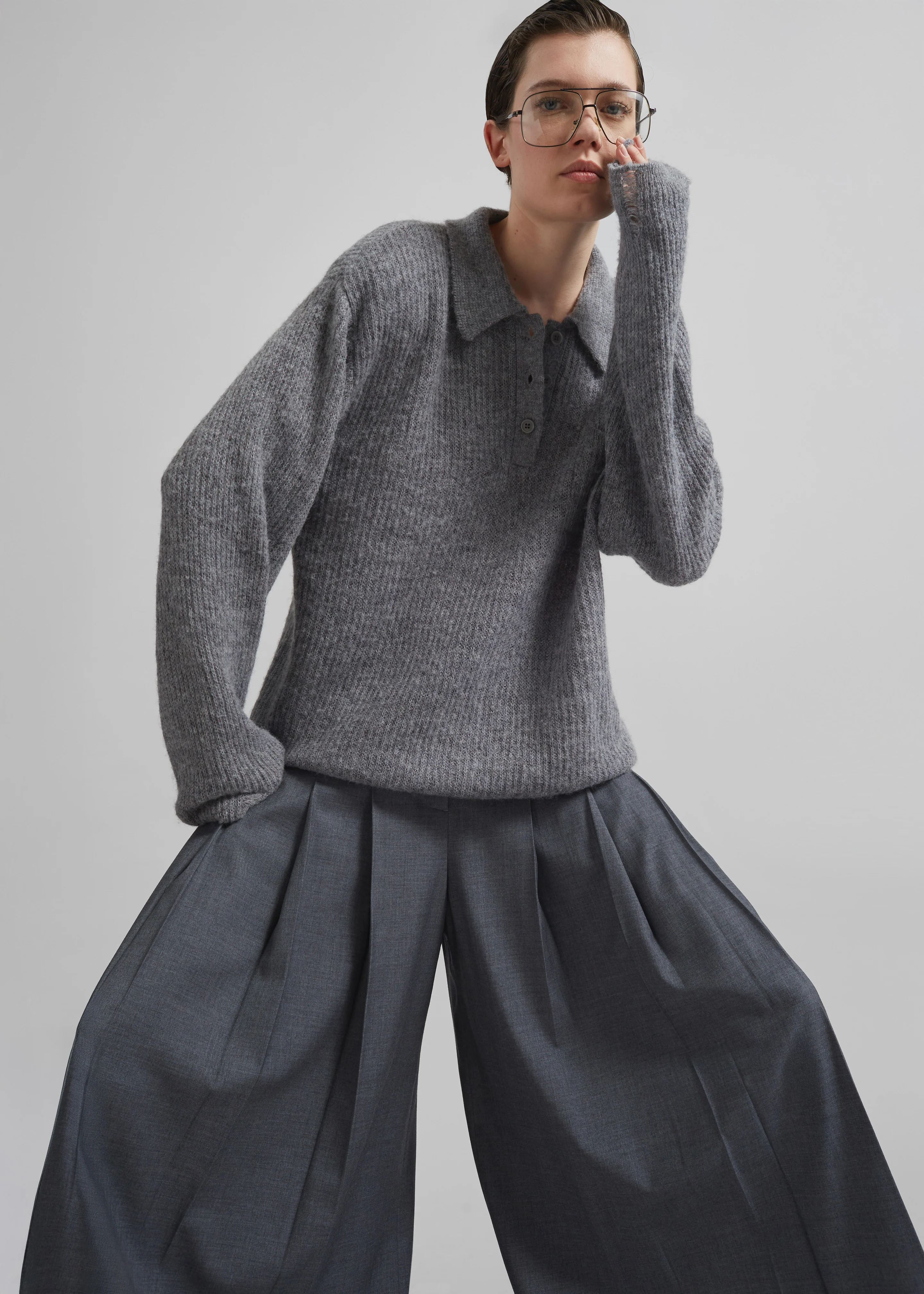 Carrick Pleated Wide Trousers - Dark Grey Melange - Image 8