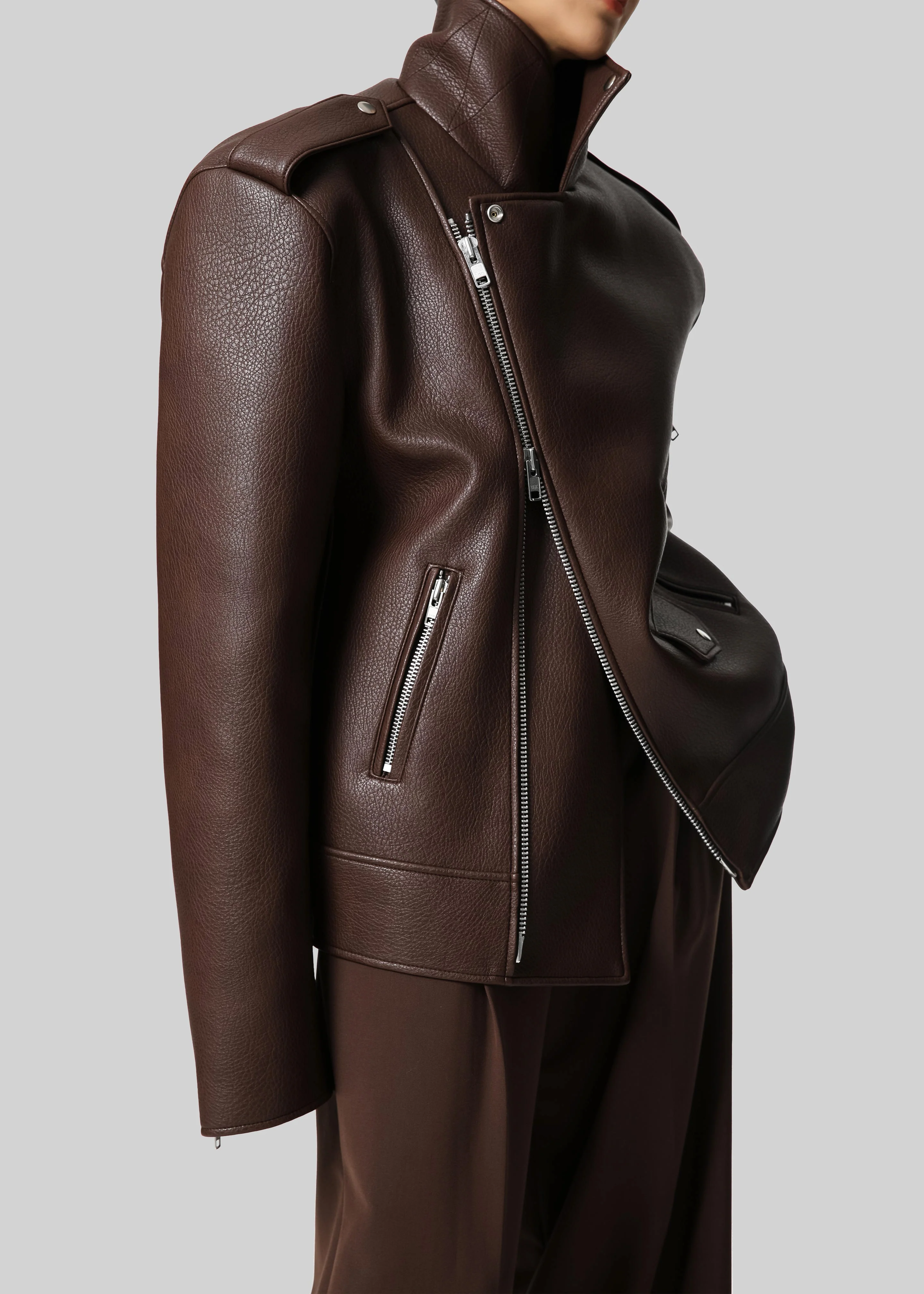 Chicago Oversized Biker Jacket - Brown - Image 11