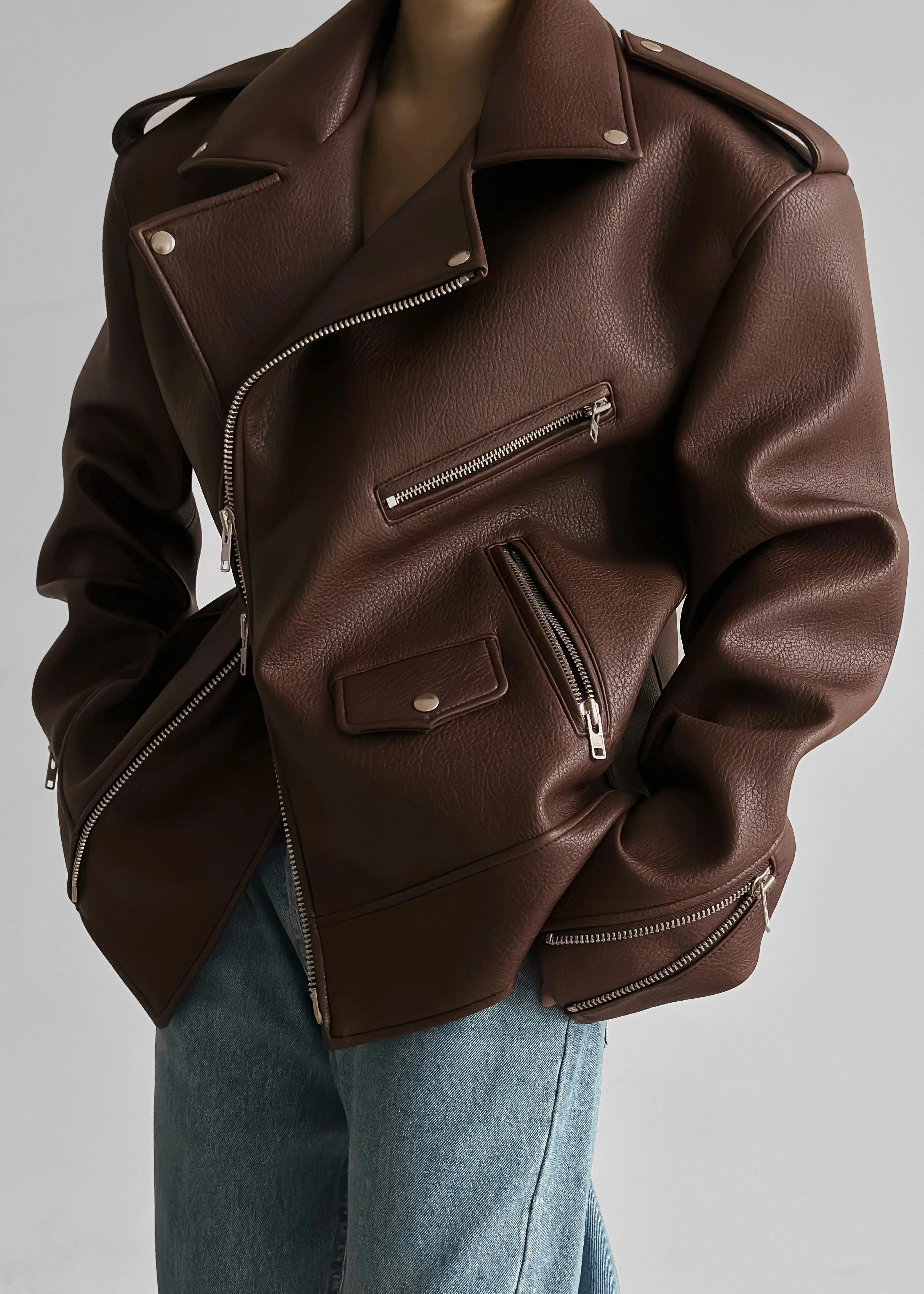Chicago Oversized Biker Jacket - Brown - Image 2