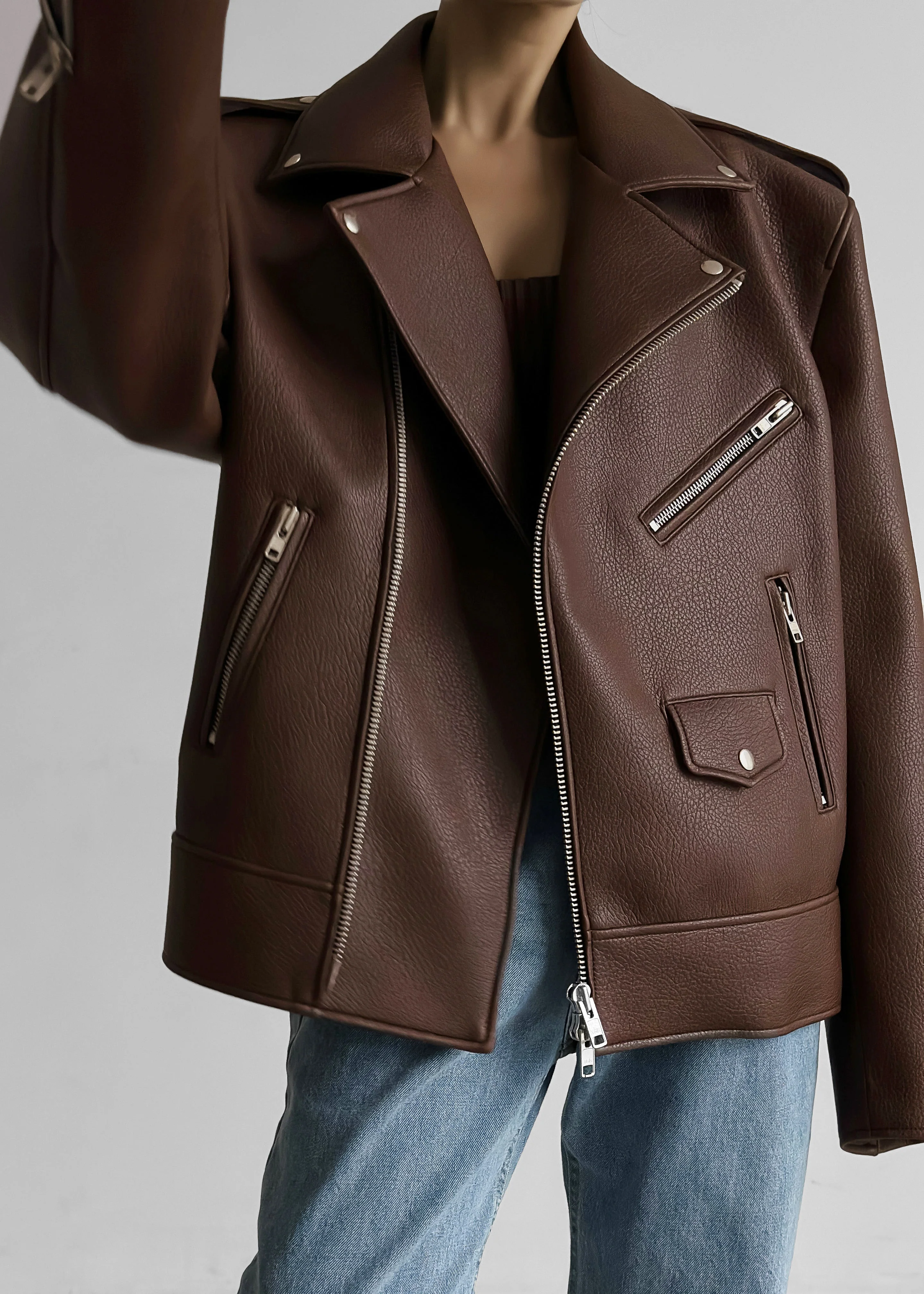 Chicago Oversized Biker Jacket - Brown - Image 3