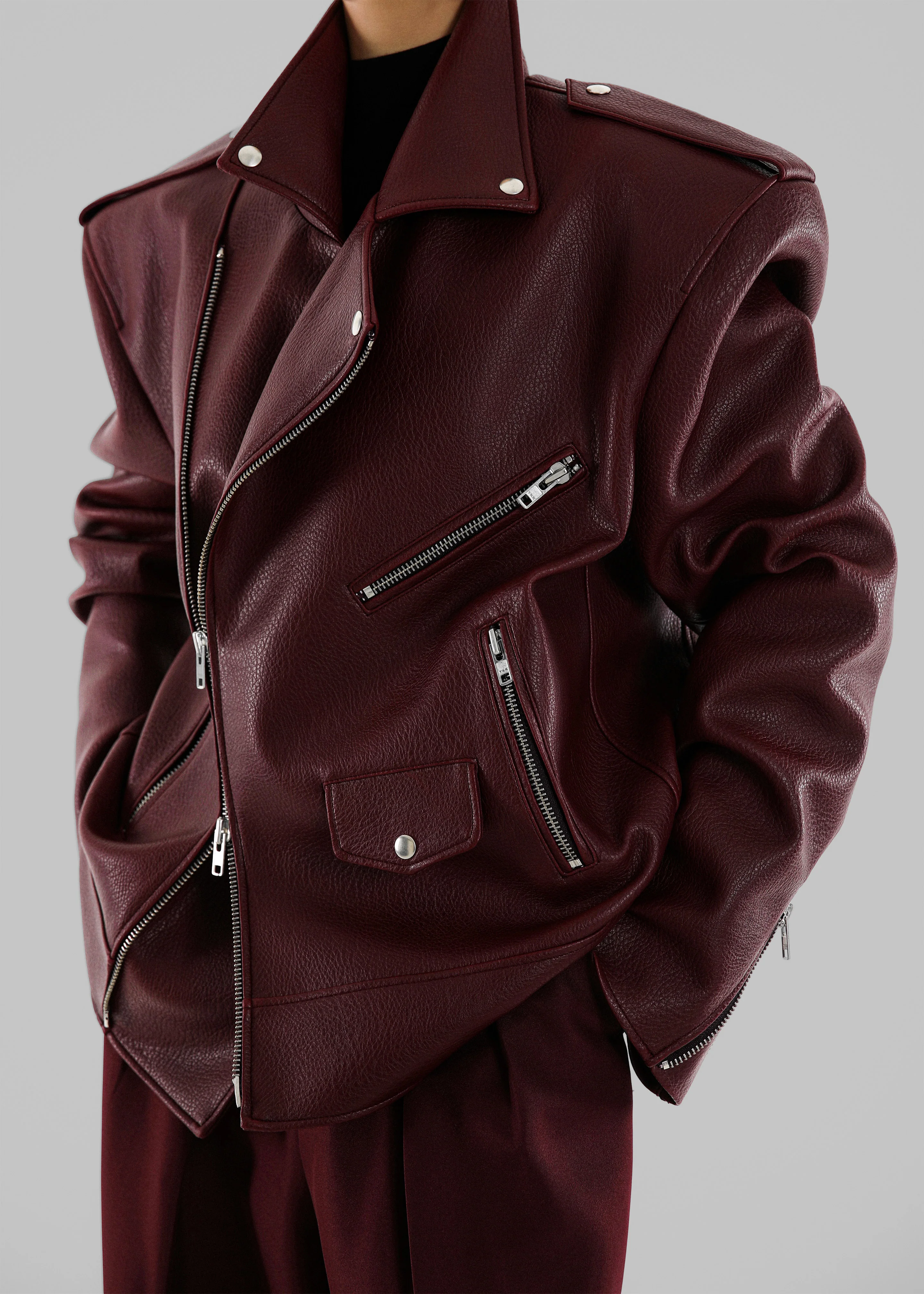 Chicago Oversized Biker Jacket - Burgundy - Image 4