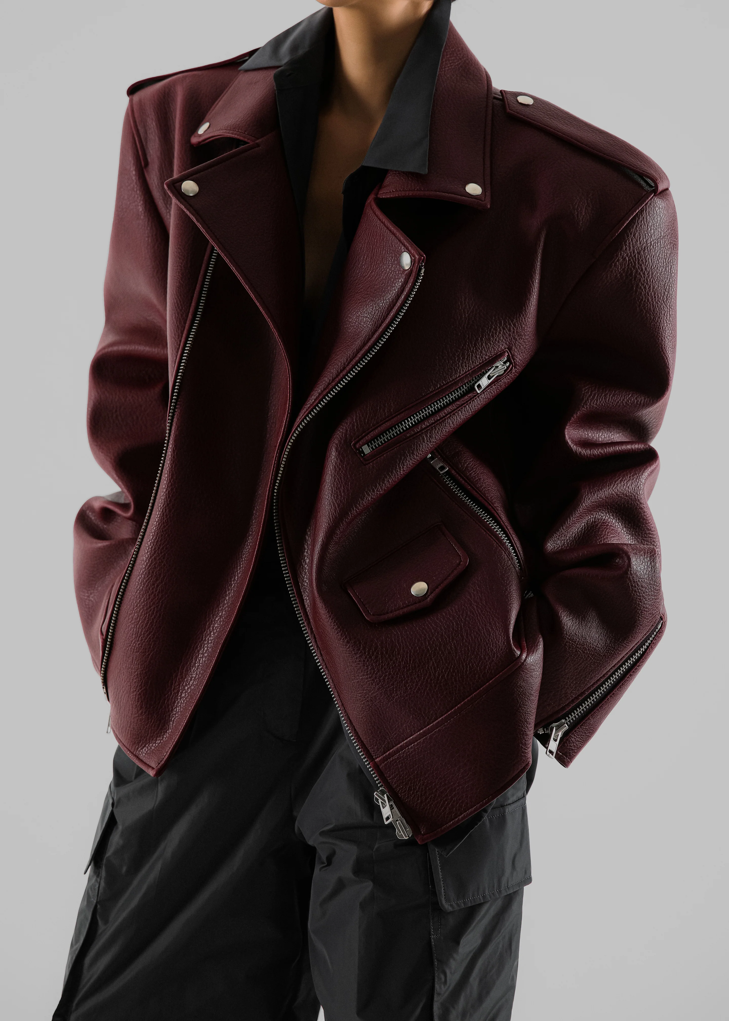 Chicago Oversized Biker Jacket - Burgundy - Image 6