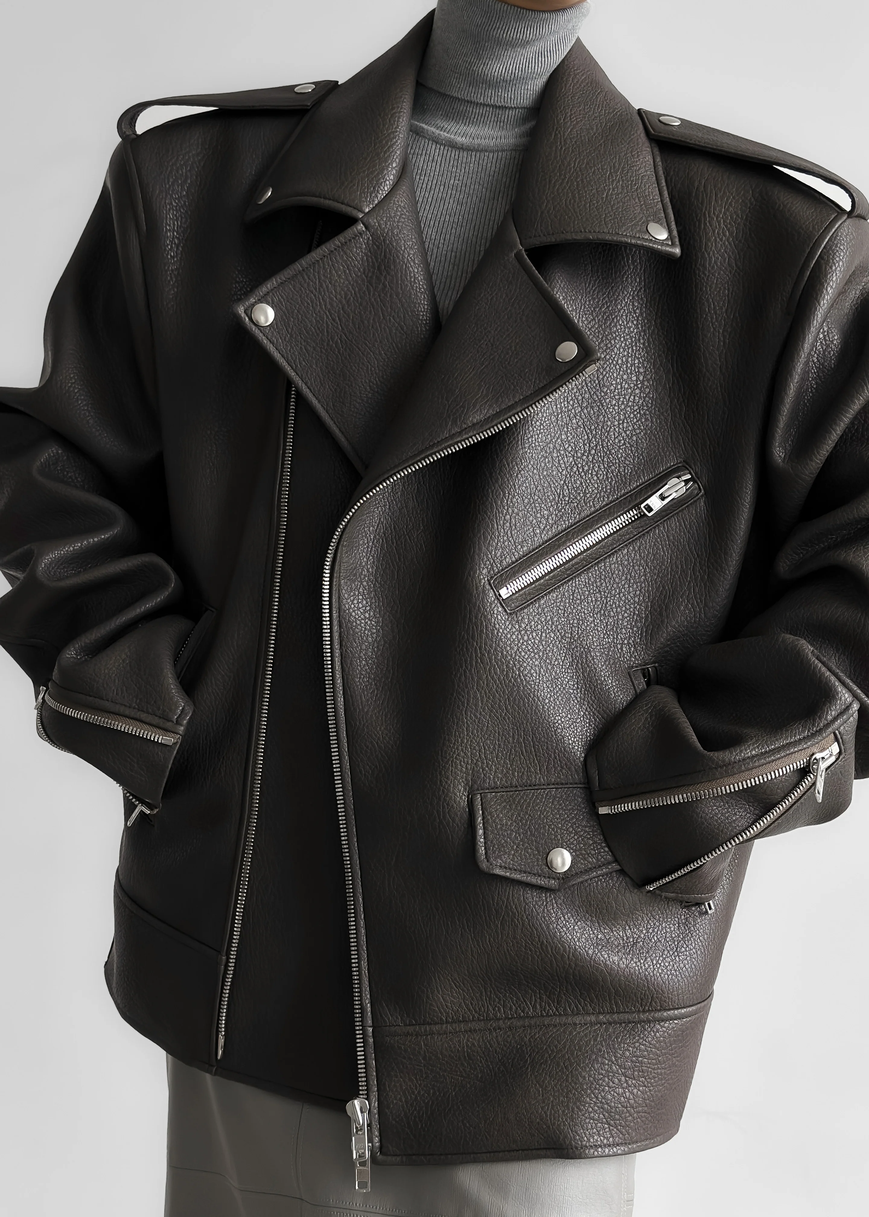 Chicago Oversized Biker Jacket - Charcoal - Image 4