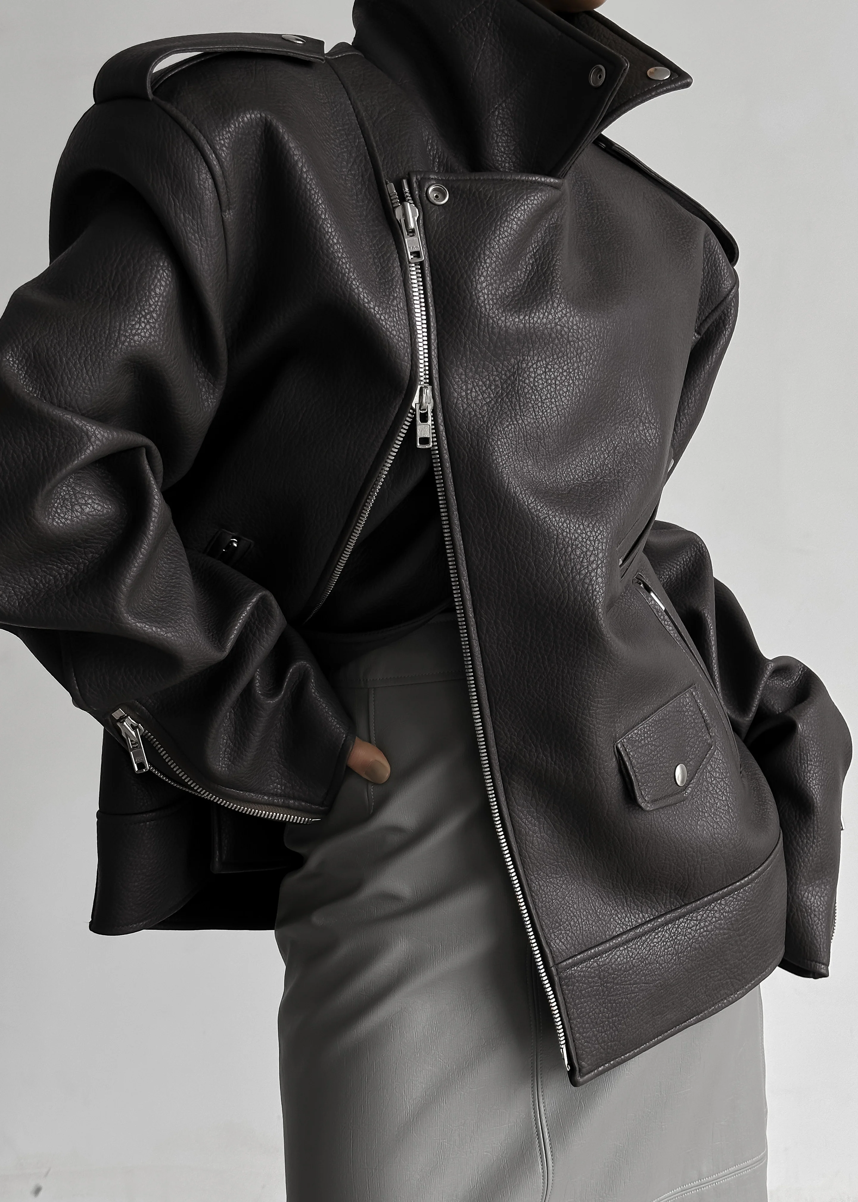 Chicago Oversized Biker Jacket - Charcoal - Image 7