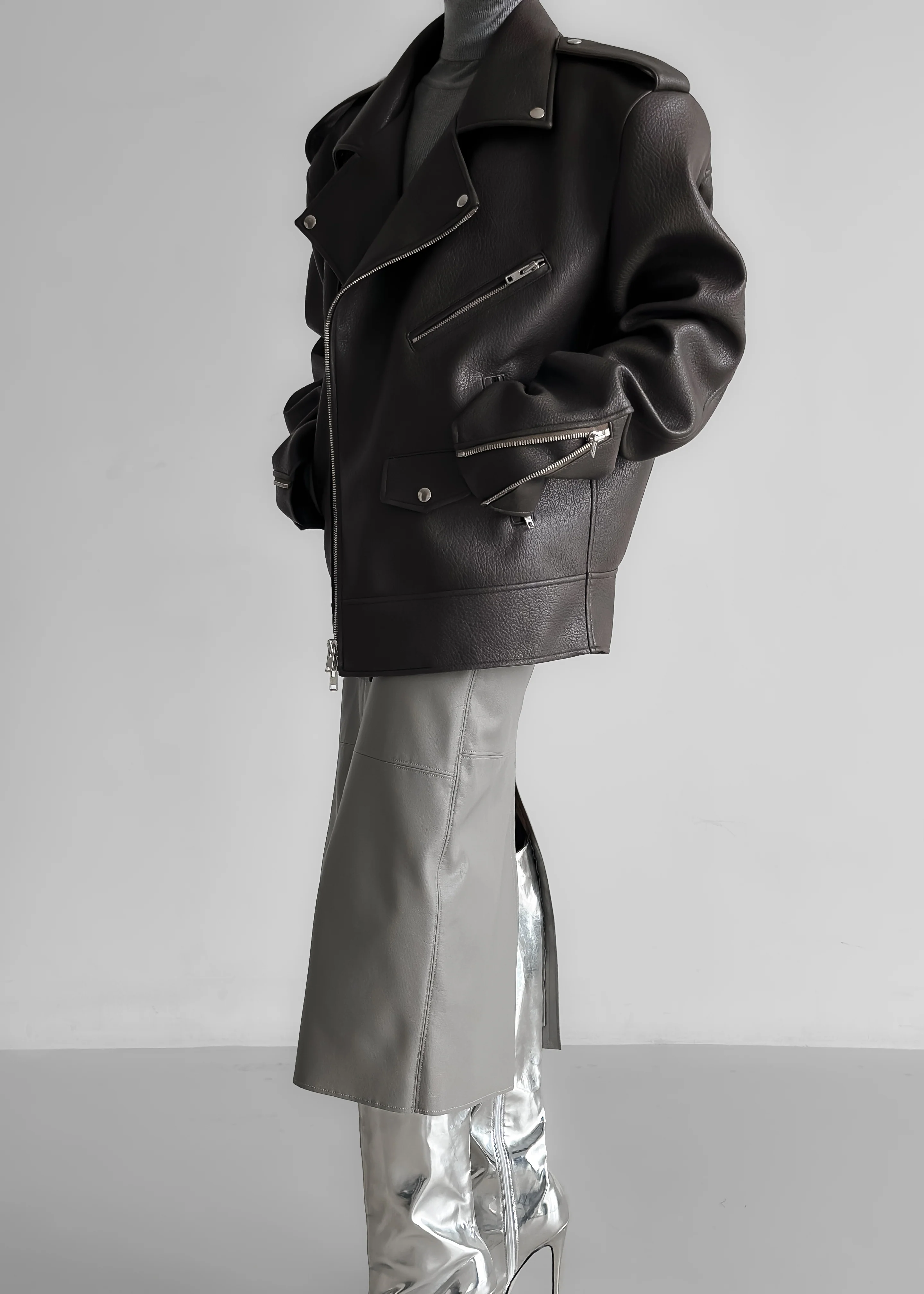 Chicago Oversized Biker Jacket - Charcoal - Image 9