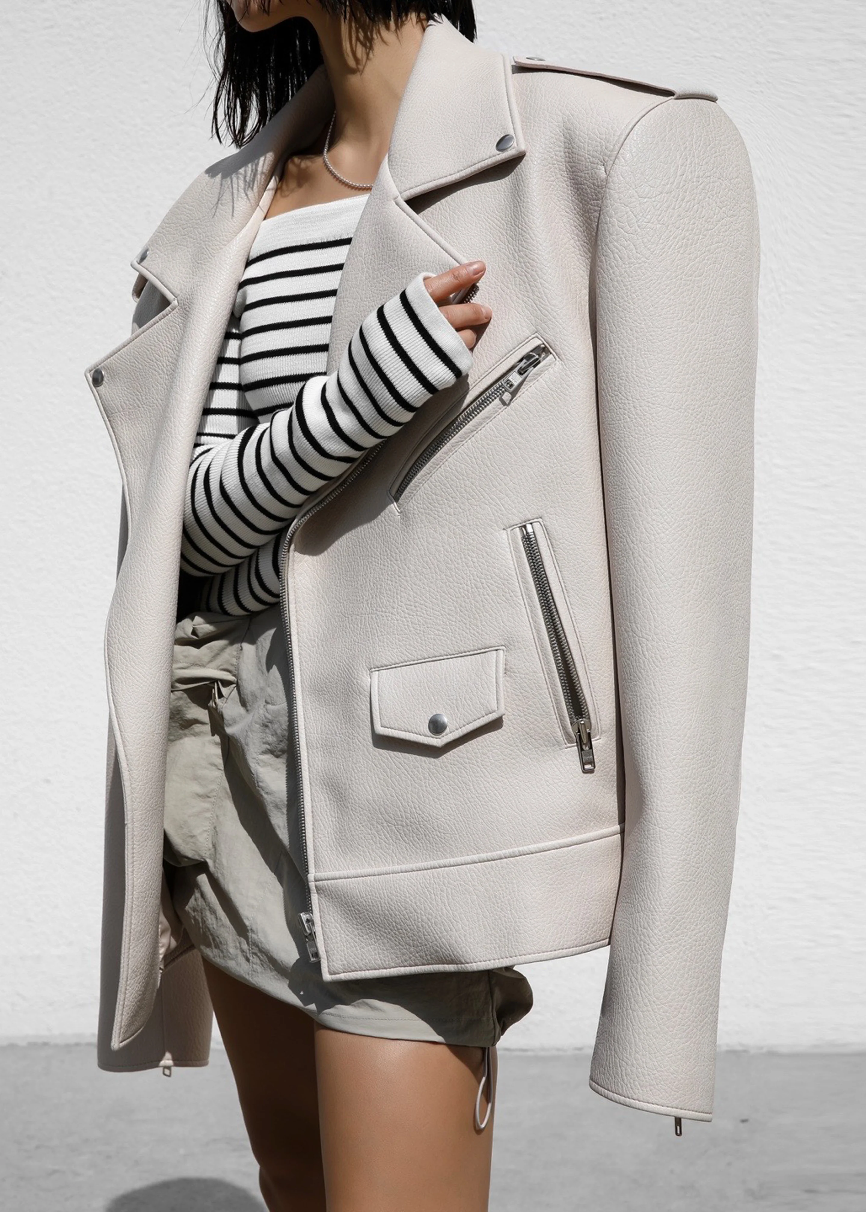 Chicago Oversized Biker Jacket - Cream - Image 11